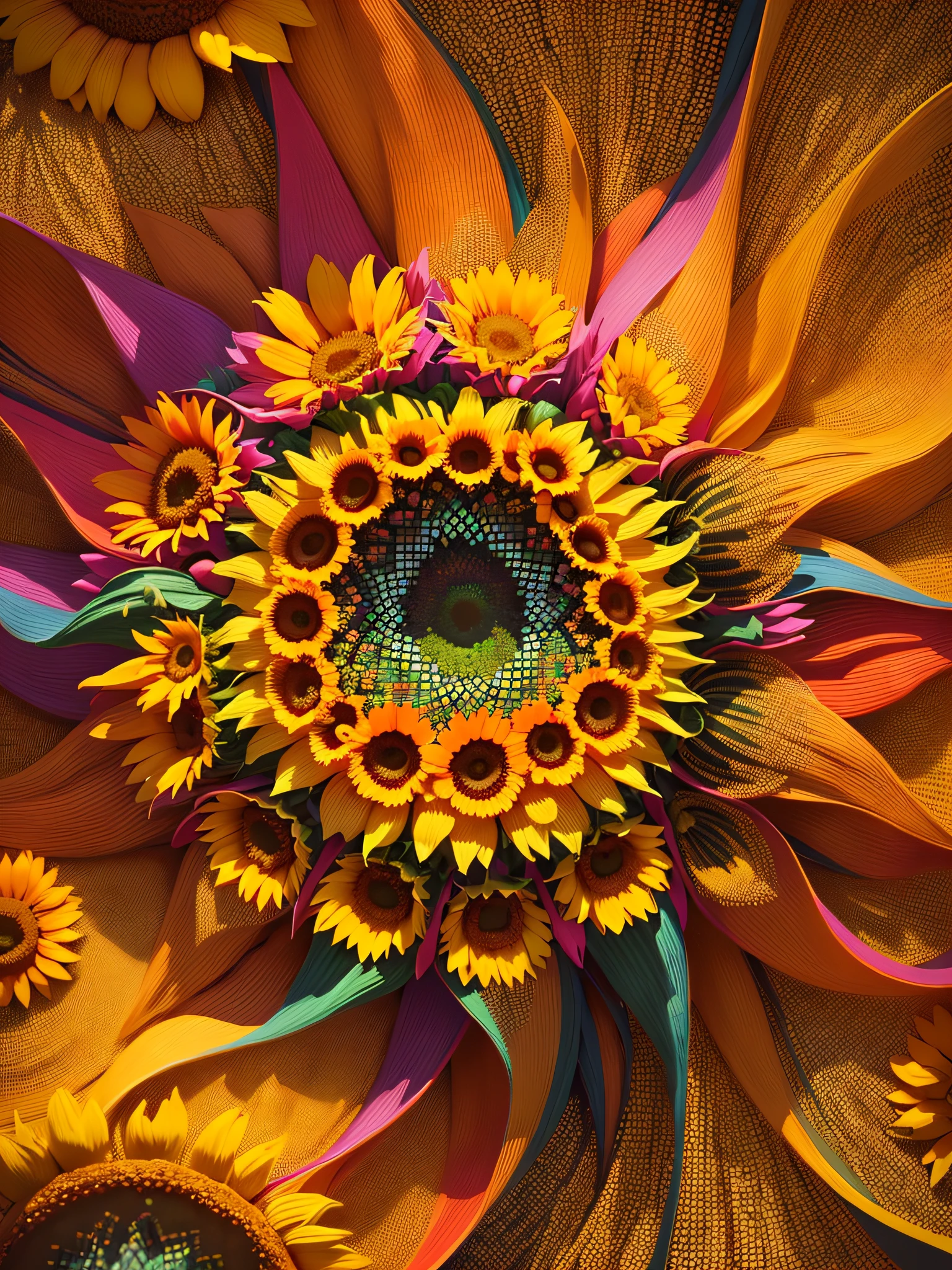 "((Multicolored + vibrant) * 1.3) kaleidoscope vision * 1.1, (Sunflower + flowers) * 1.2), realistic masterpiece of ultra-definition, unparalleled high resolution, perfection in quality. --en"