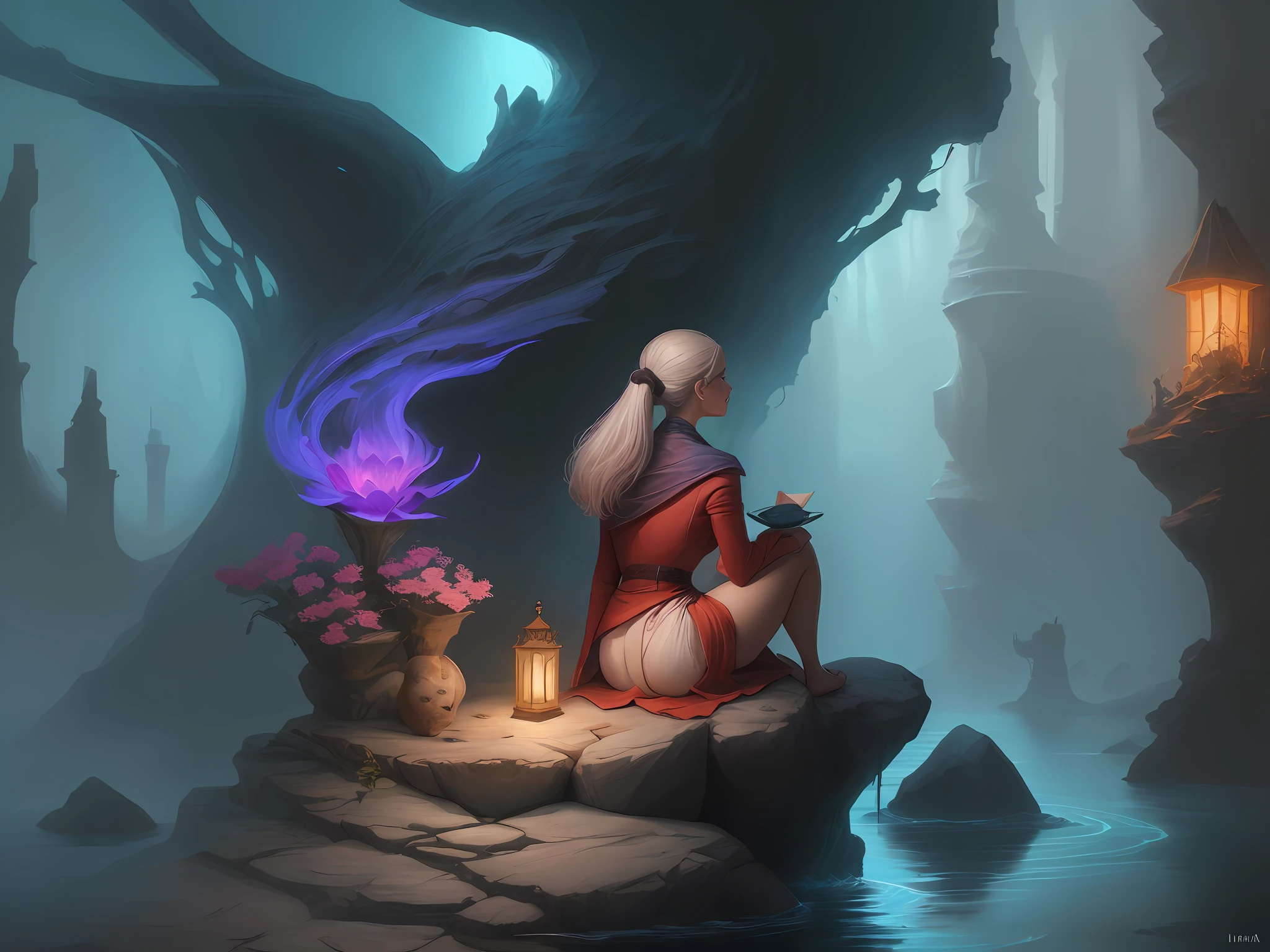 There is a woman sitting on a rock looking at the water, dreamlike digital painting, Digital painting nice, lindo pintura digital, bela arte digital, pintura digital impressionante, bela arte digital, linda arte digital linda, arte digital muito bonita, tinta digital escura, inspirado em Igor Kieryluk, Bela arte UHD 4K, Beautiful digital illustration, Pintura digital de fantasia