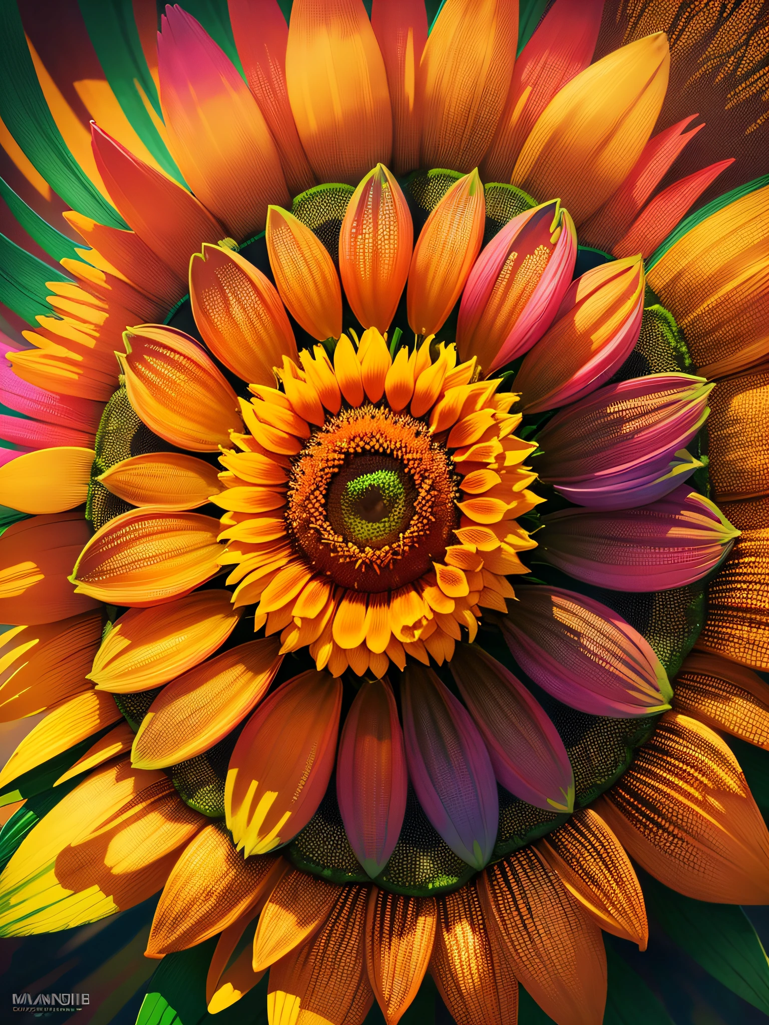 "((Multicolored + vibrant) * 1.3) kaleidoscope vision * 1.1, (Sunflower + flowers) * 1.2), realistic masterpiece of ultra-definition, unparalleled high resolution, perfection in quality. --en"