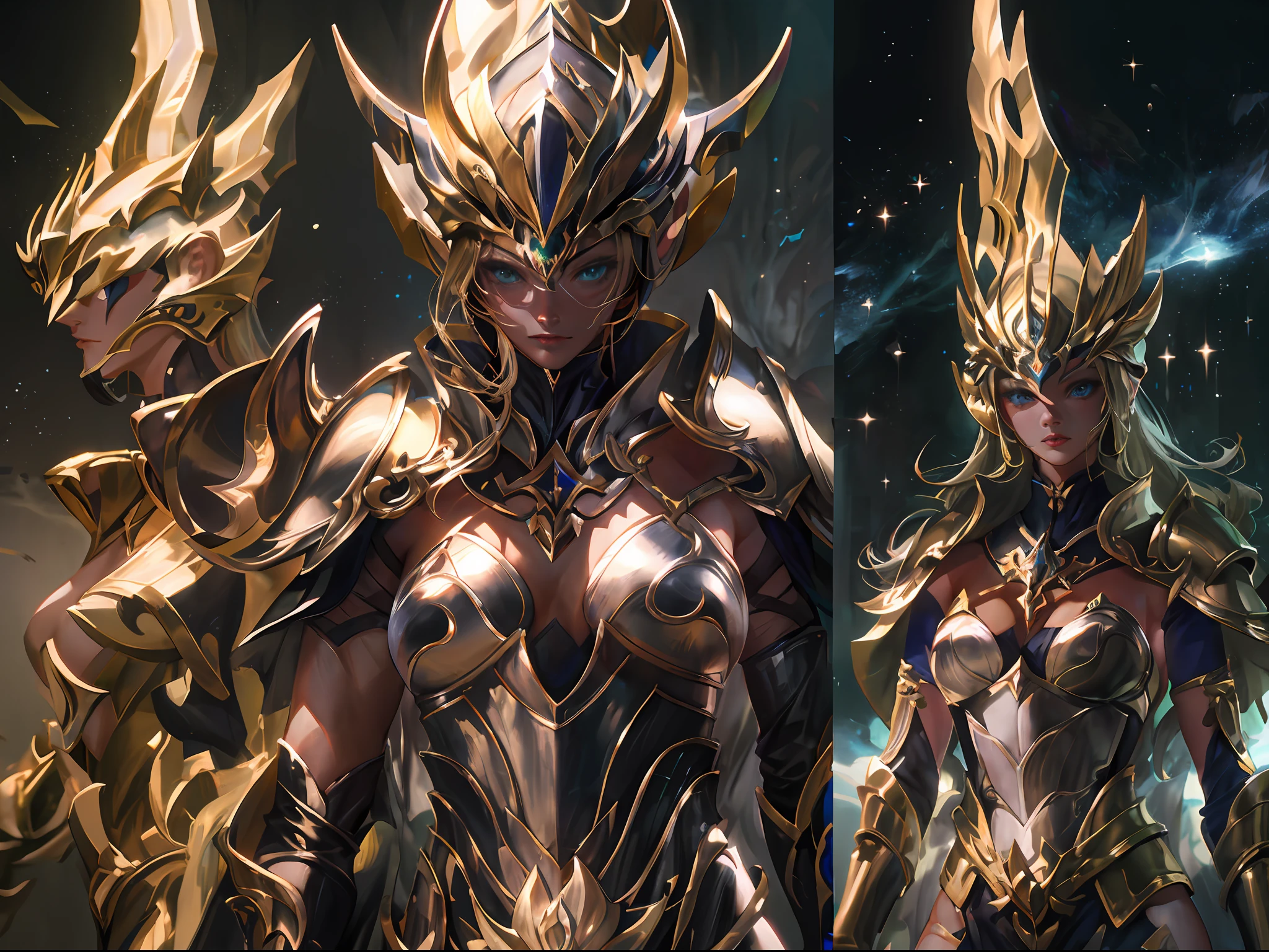 Ultra-high saturation，（tmasterpiece）， fully body photo，（best qualtiy）， （1girll）， starryskybackground，Wearing shiny gold armor， Sexy lingerie type armor，Expose your chest，Expose the waistline，Exposing thighs，cool-pose， Saint Seiya Armor， messy  hair，high detal, Anime style, Cinematic lighting, Sparkle, god light, Ray traching, filmgrain, hyper HD, textureskin, super detailing, Anatomical correct, A high resolution，Ultra-high saturation，hight contrast，High-gloss armor，Smooth skin，Serious expressions,Dark room,