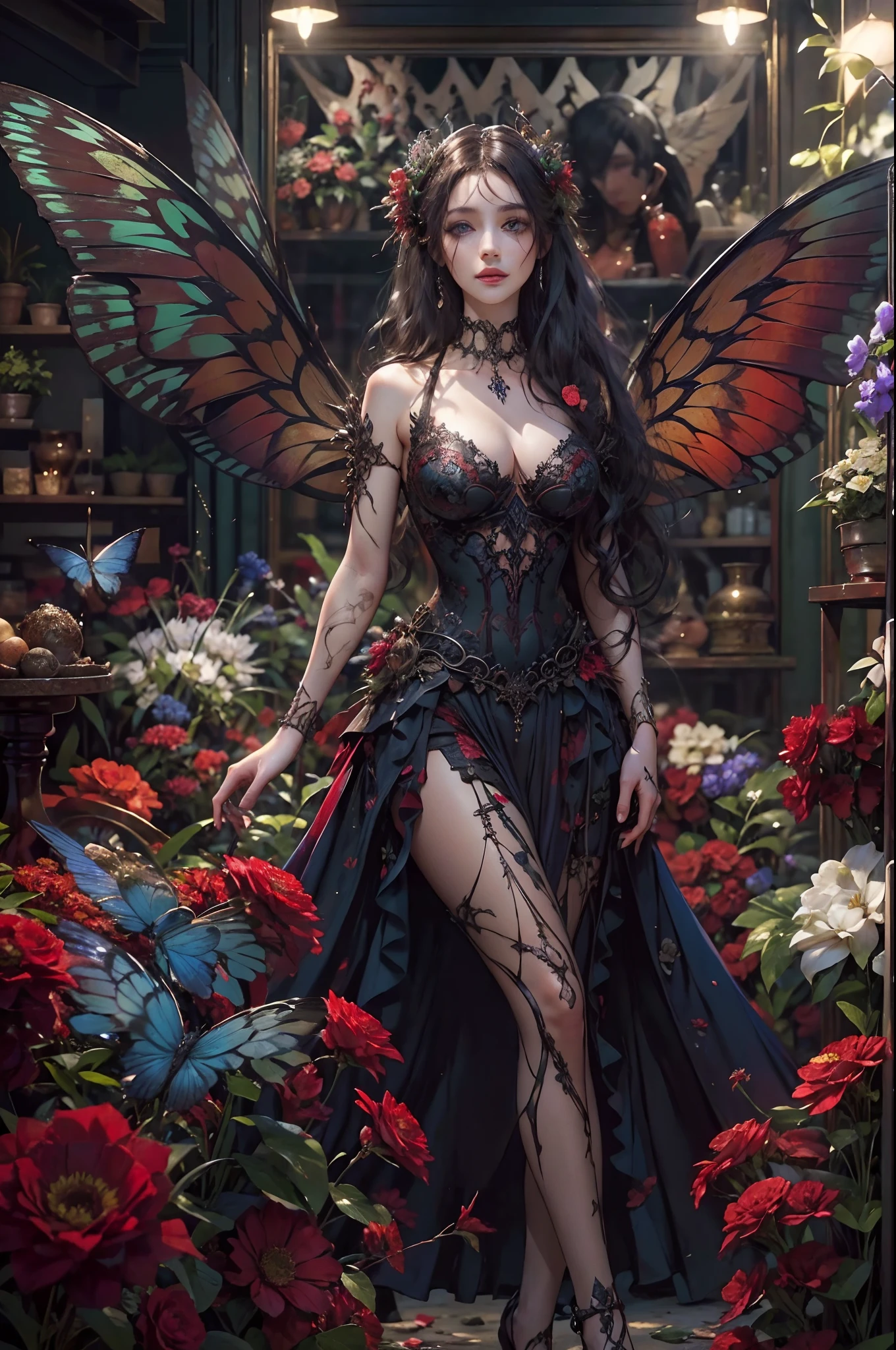 high details, best quality, 16k, RAW, [best detailed], masterpiece, best quality, (extremely detailed), full body, ultra wide shot, photorealistic, dark fantasy art, goth art, RPG art, D&D art, a picture of a dark female fairy showing flowers in a florist shop, extremely beautifil fairy, ultra feminine (intense details, Masterpiece, best quality), best detailed face (intense details, Masterpiece, best quality), having wide butterfly wings, spread buterfly wings (intense details, Masterpiece, best quality), dark colors wings (intense details, Masterpiece, best quality), black hair, long hair, shinning hair, flowing hair, shy smile, innocent smile, blue eyes, dark red lips, wearing red skirt, dynamic elegant shirt, chocker, wearing high heels, in flower shop (intense details, Masterpiece, best quality), [extreme many flowers] (intense details, Masterpiece, best quality), dark colorful flowers (intense details, Masterpiece, best quality), flower shop in a dark goth era street background, High Detail, Ultra High Quality, High Resolution, 16K Resolution, Ultra HD Pictures, 3D rendering Ultra Realistic, Clear Details, Realistic Detail, Ultra High Definition