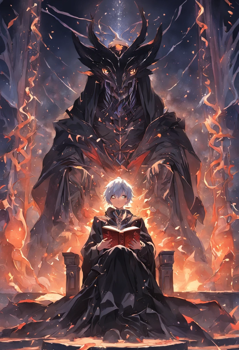 Imagem frontal de um velho mago ralista com uma capa preta, ler um livro cercado de magia que flutua na frente do mago, em uma biblioteca escura, with a throne in the background and a light fog on the ground