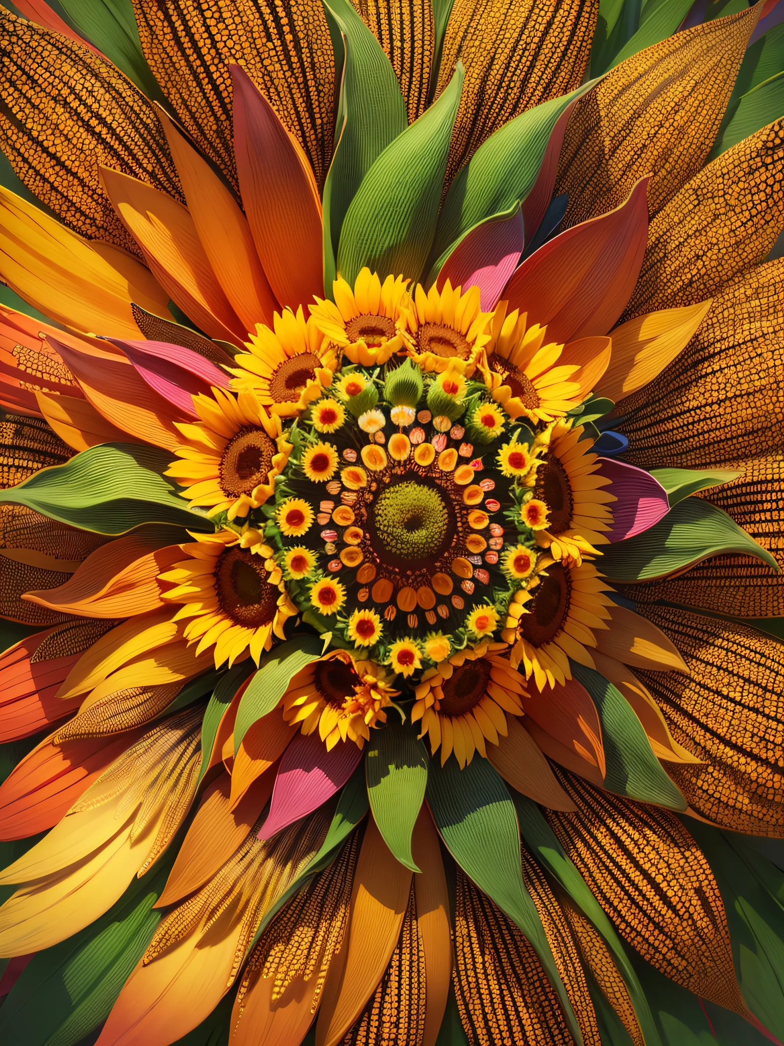 "((Multicolored + vibrant) * 1.3) kaleidoscope vision * 1.1, (Sunflower + flowers) * 1.2), realistic masterpiece of ultra-definition, unparalleled high resolution, perfection in quality. --en"