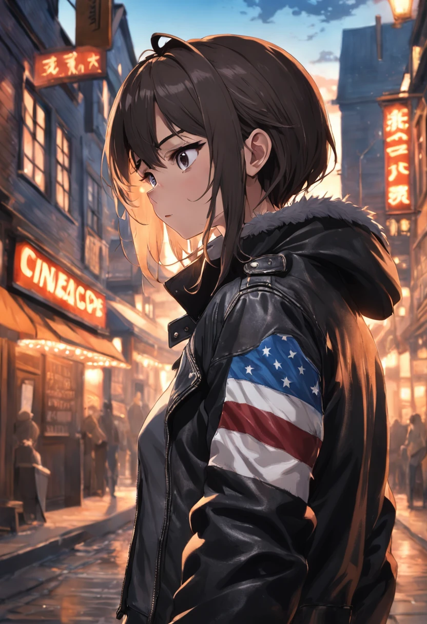 Person looking to the sky wearing leather jacket and determined in front of a pub and there is an american flag in the background. Masterpice, skin detailed, skin pores.