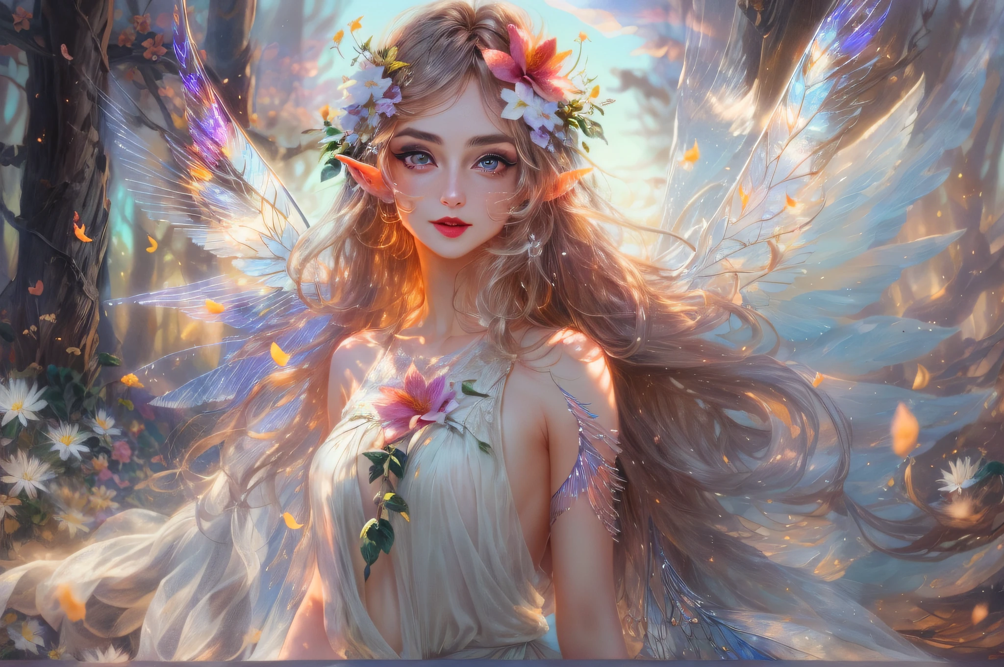 head to thigh, blue eyes, long blonde hair, long eyelash, Glowing transparent wings, high detailed skin, little [Russian|japanese] Flower Fairy, naked, smile, white panties, Spring flowers, high quality, Volumetric lighting, A high resolution, 4K, 8K, in the background bokeh, Garden of dreams, Soft lighting,  Transparent feather drop effect, Spring flowers