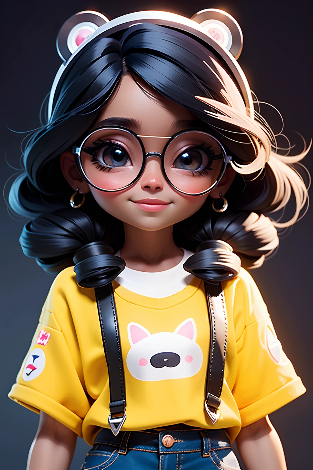 **** cute girl negra, cabelo preso, cabelo solto, modern accessories , Eyeglasses, olhos detalhados, sorriso detalhados, detalhes detalhados, Holographic,  fundo claro e simples