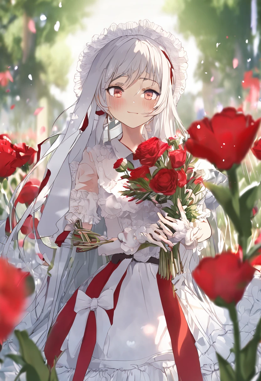 masterpiece, best quality, 1girl, solo, long_hair, looking_at_viewer, white hair, red eyes, smile, bangs, skirt, shirt, long_sleeves, hat, dress, bow, holding, closed_mouth, flower, frills, hair_flower, petals, bouquet, holding_flower, center_frills, bonnet, holding_bouquet, flower field, flower field, colorful, vivid color, blue sky, lens flare, depth of field, dutch angle