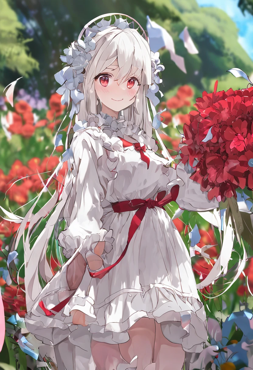 masterpiece, best quality, 1girl, solo, long_hair, looking_at_viewer, white hair, red eyes, smile, bangs, skirt, shirt, long_sleeves, hat, dress, bow, holding, closed_mouth, flower, frills, hair_flower, petals, bouquet, holding_flower, center_frills, bonnet, holding_bouquet, flower field, flower field, colorful, vivid color, blue sky, lens flare, depth of field, dutch angle