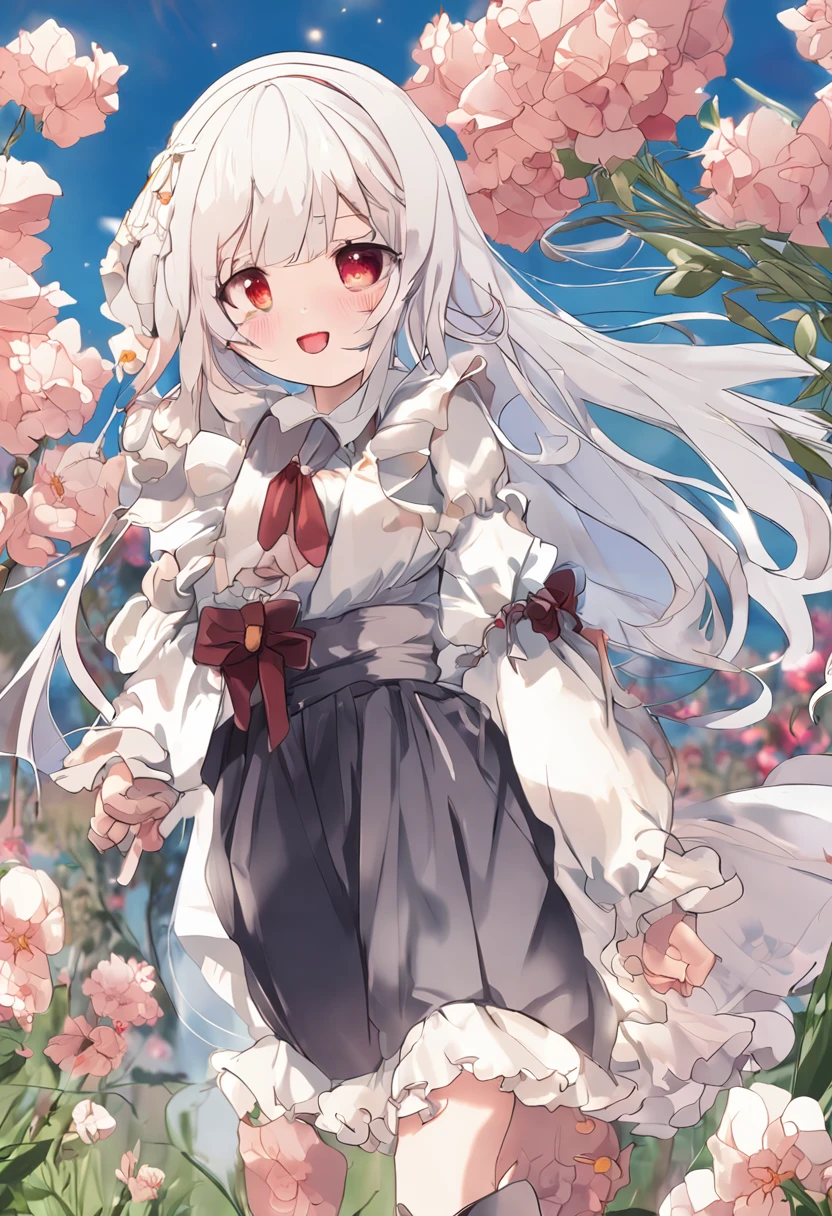 masterpiece, best quality, 1girl, solo, long_hair, looking_at_viewer, white hair, red eyes, smile, bangs, skirt, shirt, long_sleeves, hat, dress, bow, holding, closed_mouth, flower, frills, hair_flower, petals, bouquet, holding_flower, center_frills, bonnet, holding_bouquet, flower field, flower field, colorful, vivid color, blue sky, lens flare, depth of field, dutch angle