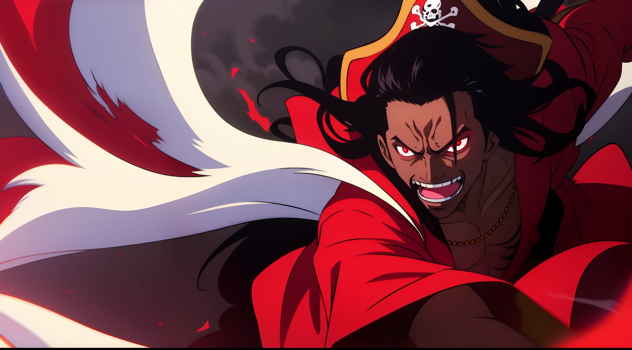 a black skinned guy,strong,  with long black hair, using pirate clothes, red aura, smoke