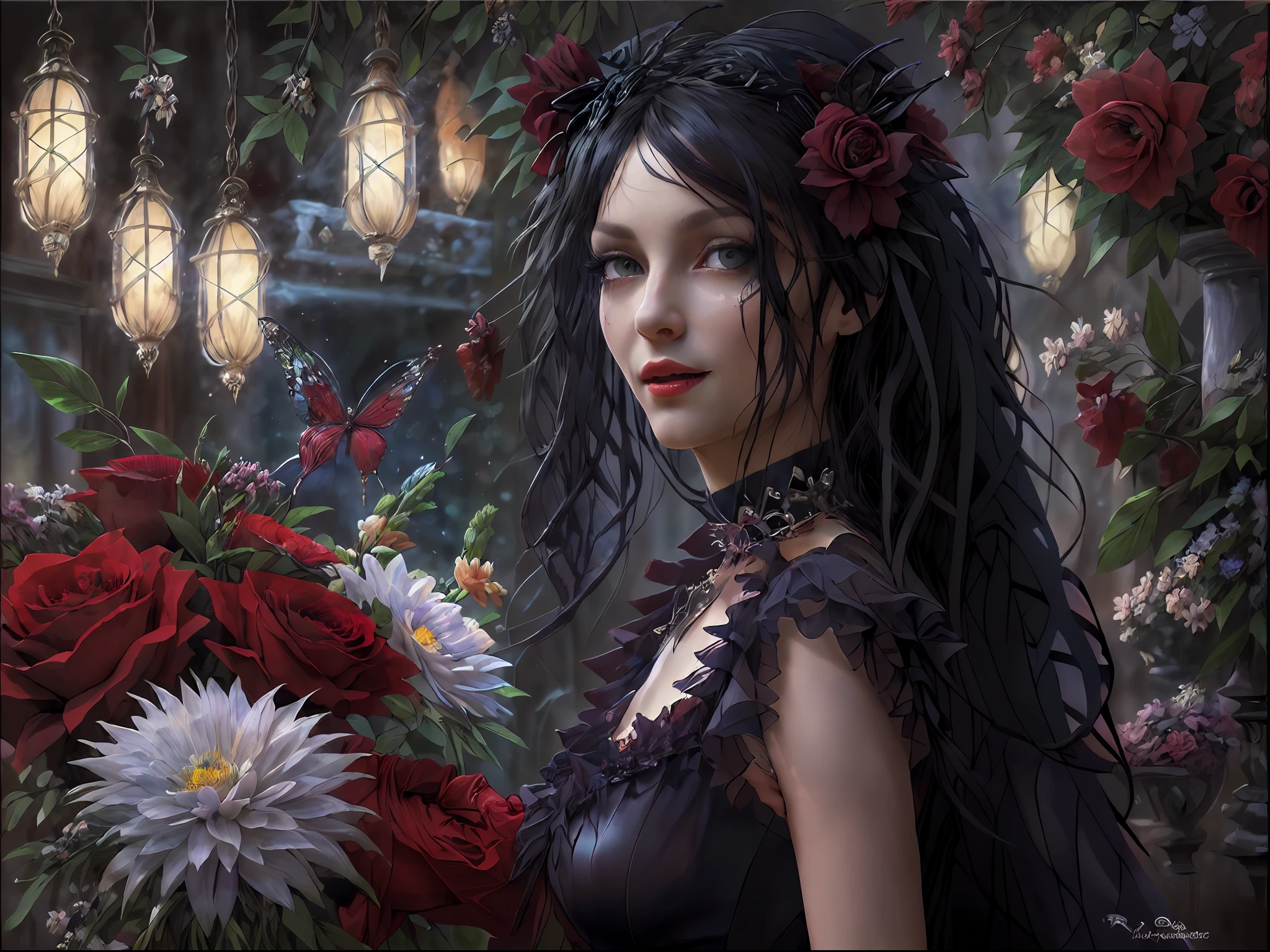 high details, best quality, 16k, RAW, [best detailed], masterpiece, best quality, (extremely detailed), full body, ultra wide shot, photorealistic, dark fantasy art, goth art, RPG art, D&D art, a picture of a dark female fairy showing flowers in a florist shop, extremely beautifil fairy, ultra feminine (intense details, Masterpiece, best quality), best detailed face (intense details, Masterpiece, best quality), having wide butterfly wings, spread buterfly wings (intense details, Masterpiece, best quality), dark colors wings (intense details, Masterpiece, best quality), black hair, long hair, shinning hair, flowing hair, shy smile, innocent smile, blue eyes, dark red lips, wearing red skirt, dynamic elegant shirt, chocker, wearing high heels, in flower shop (intense details, Masterpiece, best quality), [extreme many flowers] (intense details, Masterpiece, best quality), dark colorful flowers (intense details, Masterpiece, best quality), flower shop in a dark goth era street background, High Detail, Ultra High Quality, High Resolution, 16K Resolution, Ultra HD Pictures, 3D rendering Ultra Realistic, Clear Details, Realistic Detail, Ultra High Definition