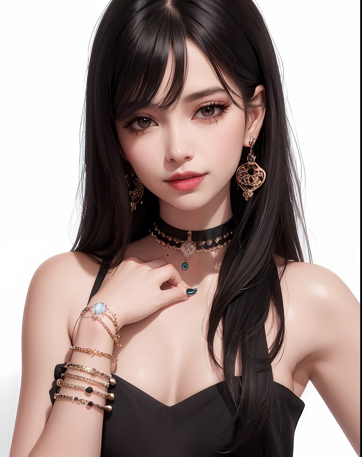 masterpiece,best quality,ultra-detailed,8K,detailed light,detailed shadow,RAW, (detailed skin),(realistic:1.2),
1girl,face,
pilyeon, black nails, jewelry, Long hair, looking at viewer, choker, necklace,piercing, white background, heart, closed mouth, grey eyes, nail polish, simple background, black hair, ear piercing, black choker, smile, eyelashes, lips, hand on own cheek, bangs, bracelet, beads, gem, earrings, fingernails