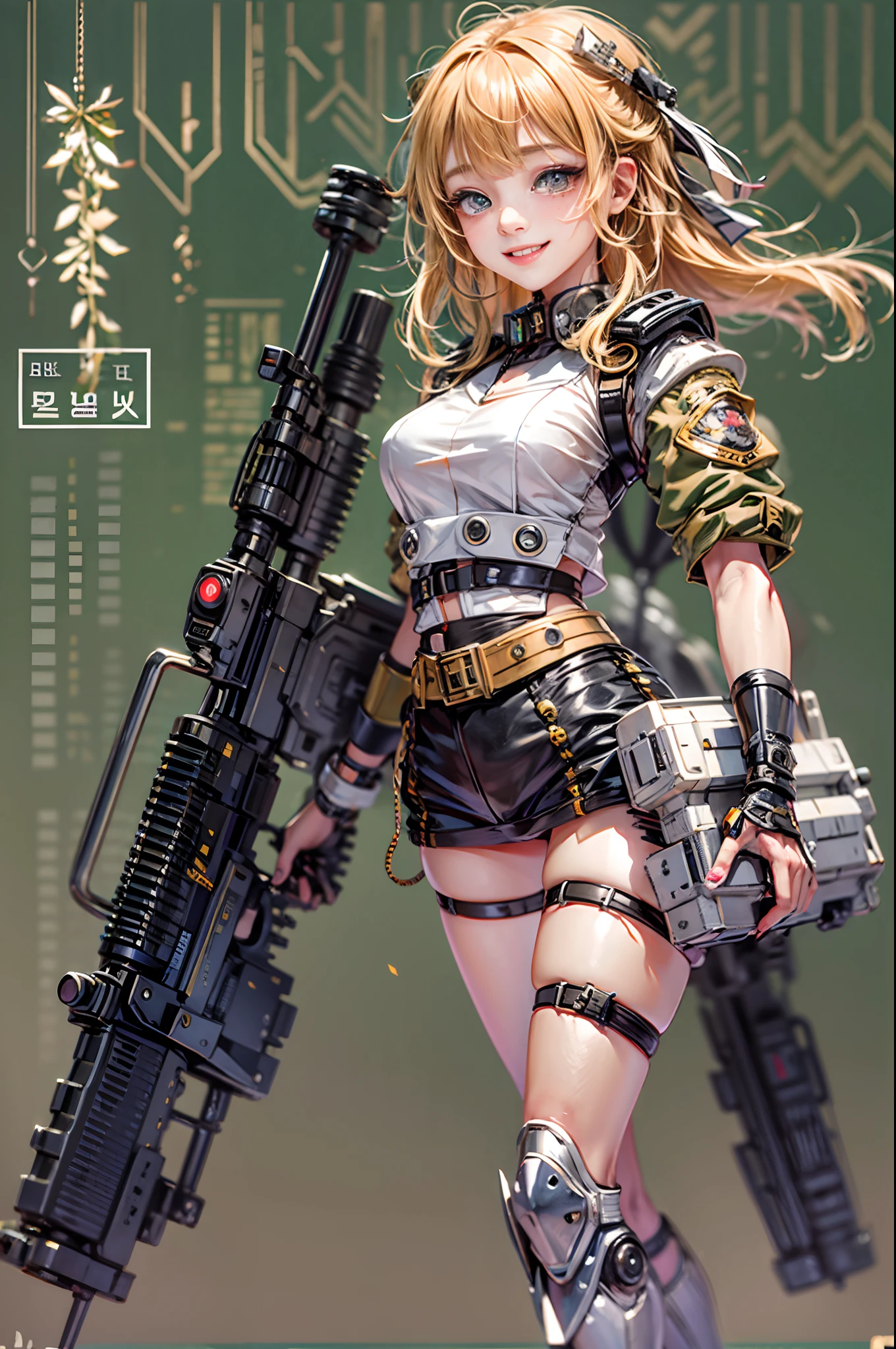 Photorealsitic, hight resolution, 1 rapariga, Korea person, Heterochromia eyes, small moles under eyes,(tmasterpiece), (top-quality), realisticlying, ciinematic light, ((Smiling Himeko Toga with a machine gun)),  Posing with sexual overtones, Battlefield Background, the perfect body, Black eyes, Golden hair、Blunt bangs、