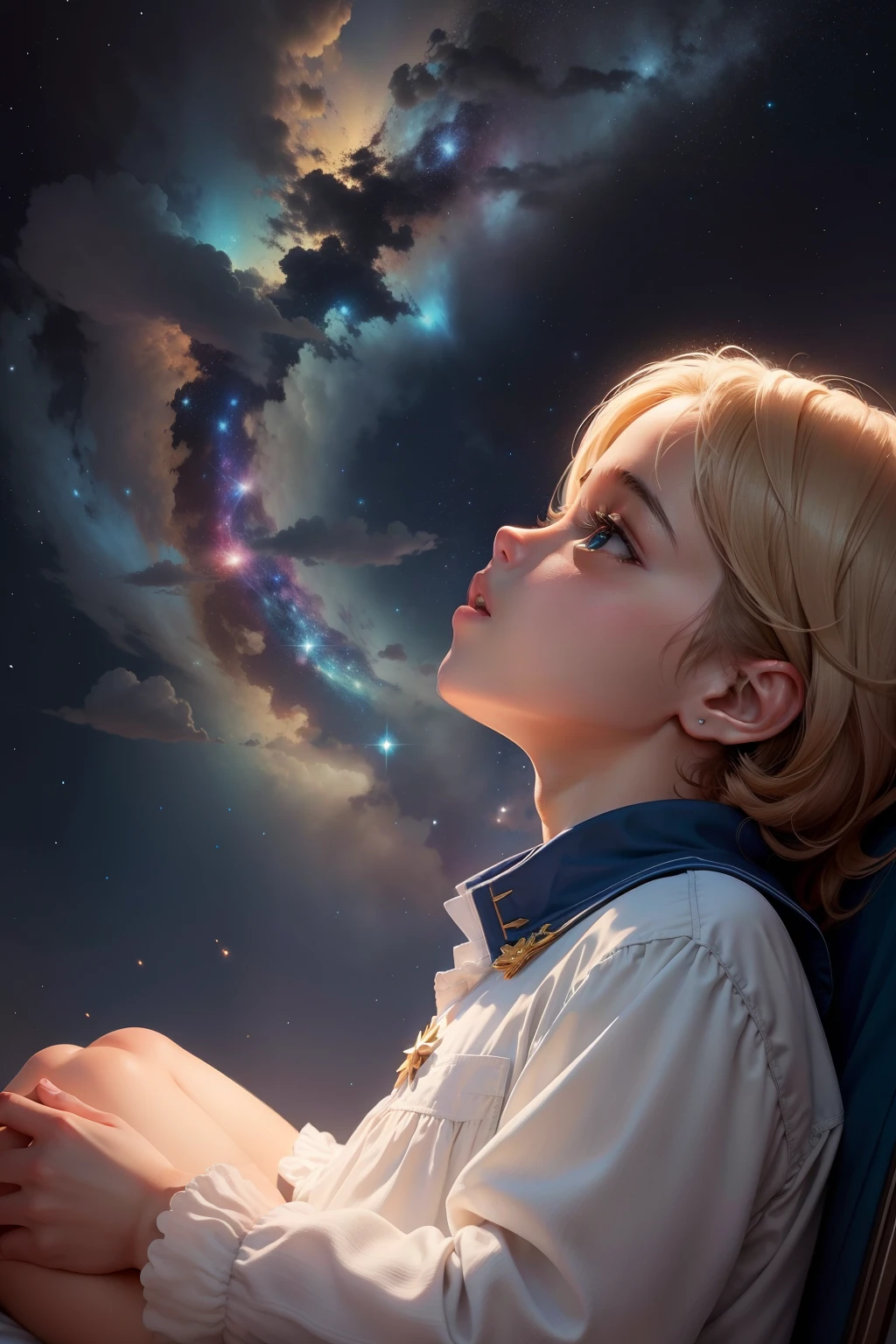 Menino, sonhos, Looking Up The Sky, cores coloridas, estrelas, melhor qualidade, olhos azul, estilo de roupa simples, feliz, estrelado