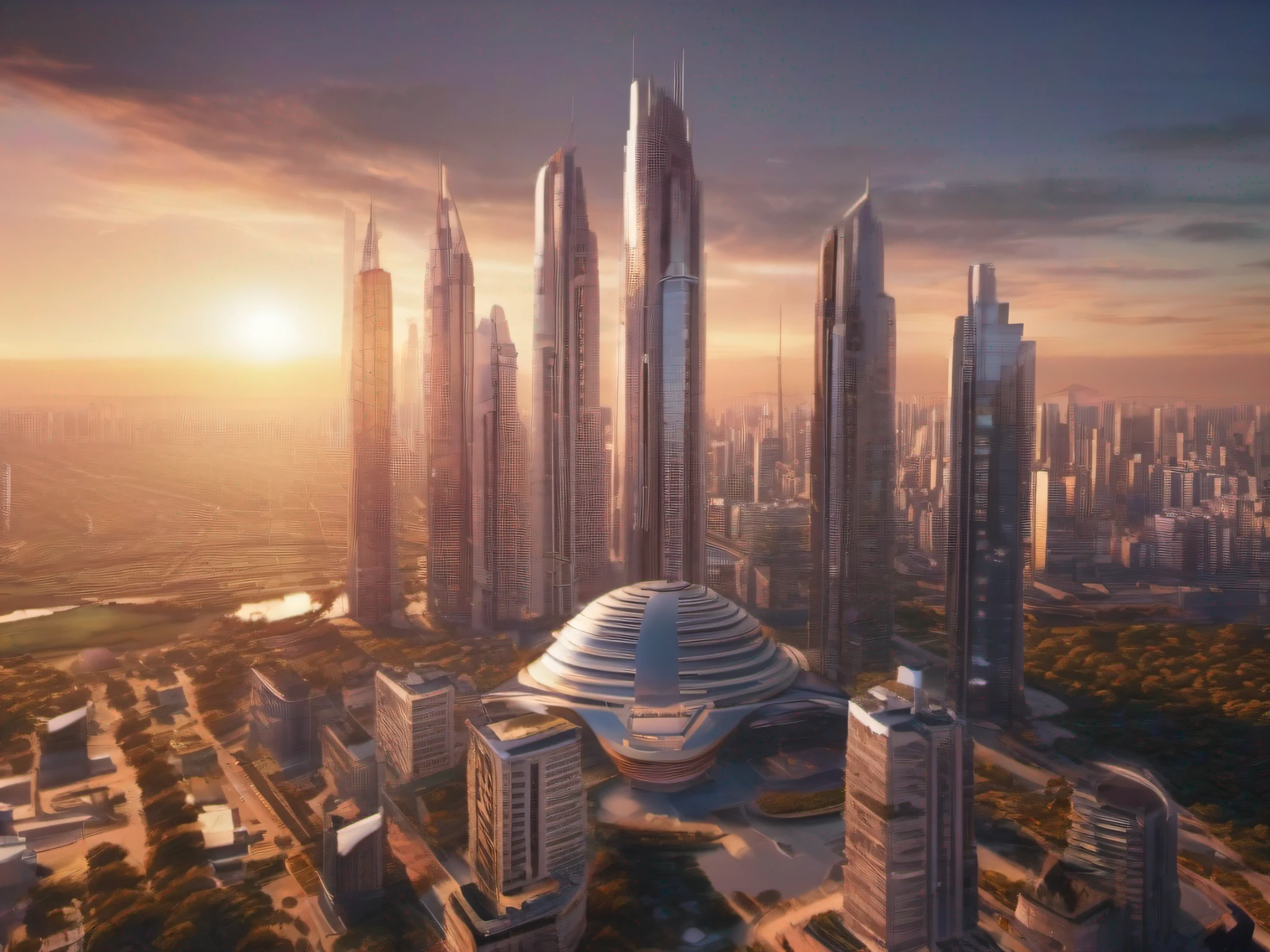 fiction, arte futurista, utopian city, aerial view, de cima para baixo, buildings and constructions in gleaming metal, luz do nascer do sol, arte intrincada, 8K