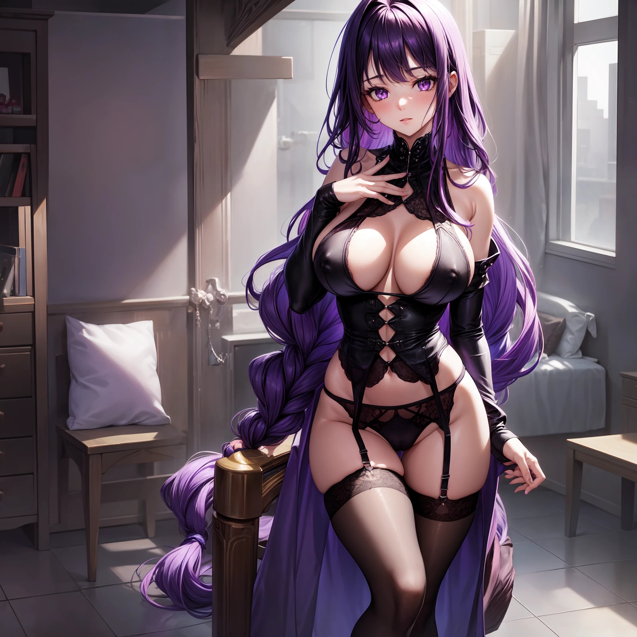 1 girl, long purple hair, purple eyes, large breast, black lingerie, black panties, garterbelt with black stocking, standing, indoor, nipple perked out from under bikini, nipple see through bra, perfect finger shape, the number of fingers is not excessive,