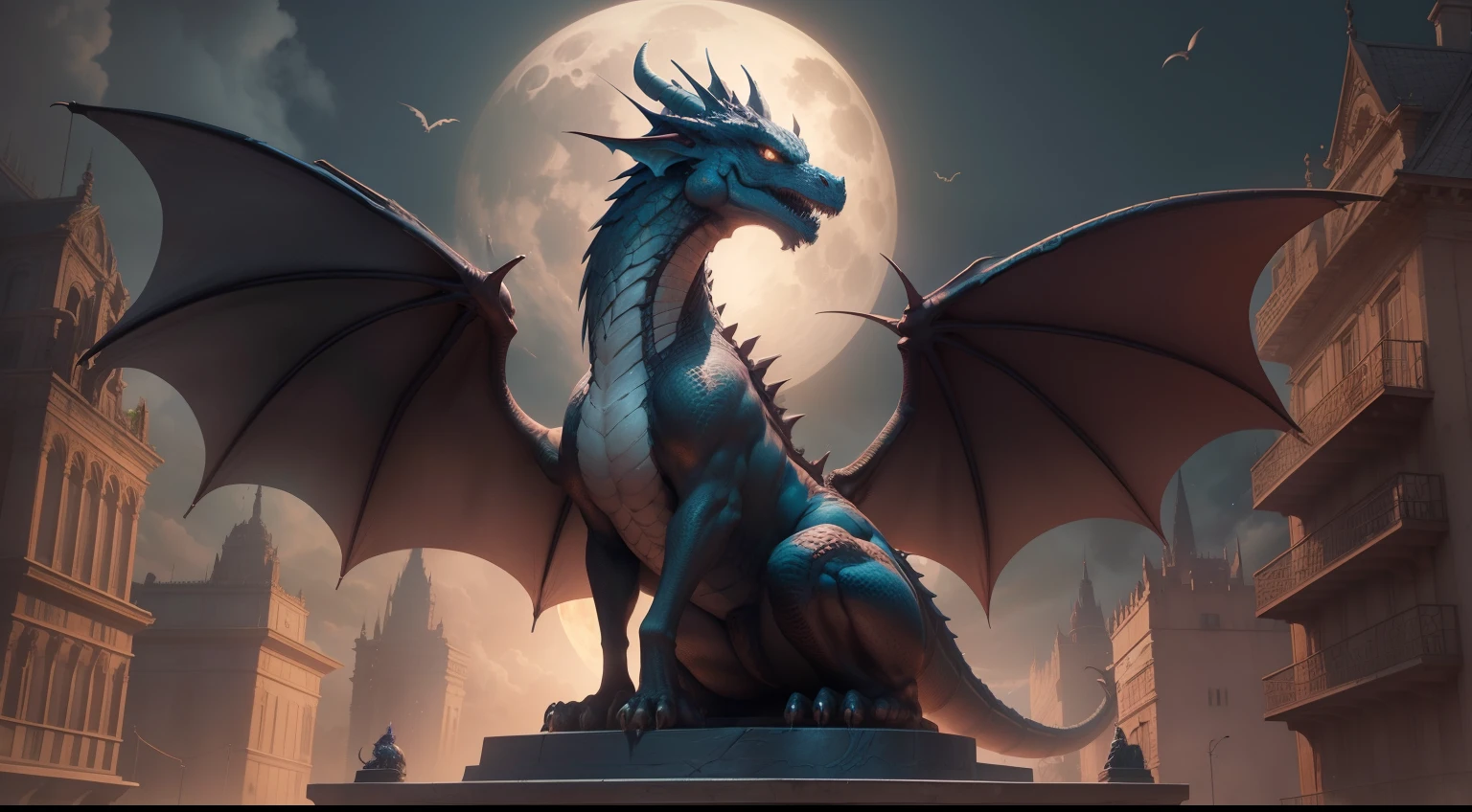 There is a dragon statue on a wall in front of the full moon, D hiperrealista & d fantasy art, dragon in the background, realistic fantasy illustration, epic dragon, Dragon as background, epic fantasy digital art style, 4K fantasy art, Arte detallado de alta calidad 8K, hyperrealistic fantasy art, Copper-colored dragon, Futuristic urban fantasy artworks, rayos, ciudad grande,