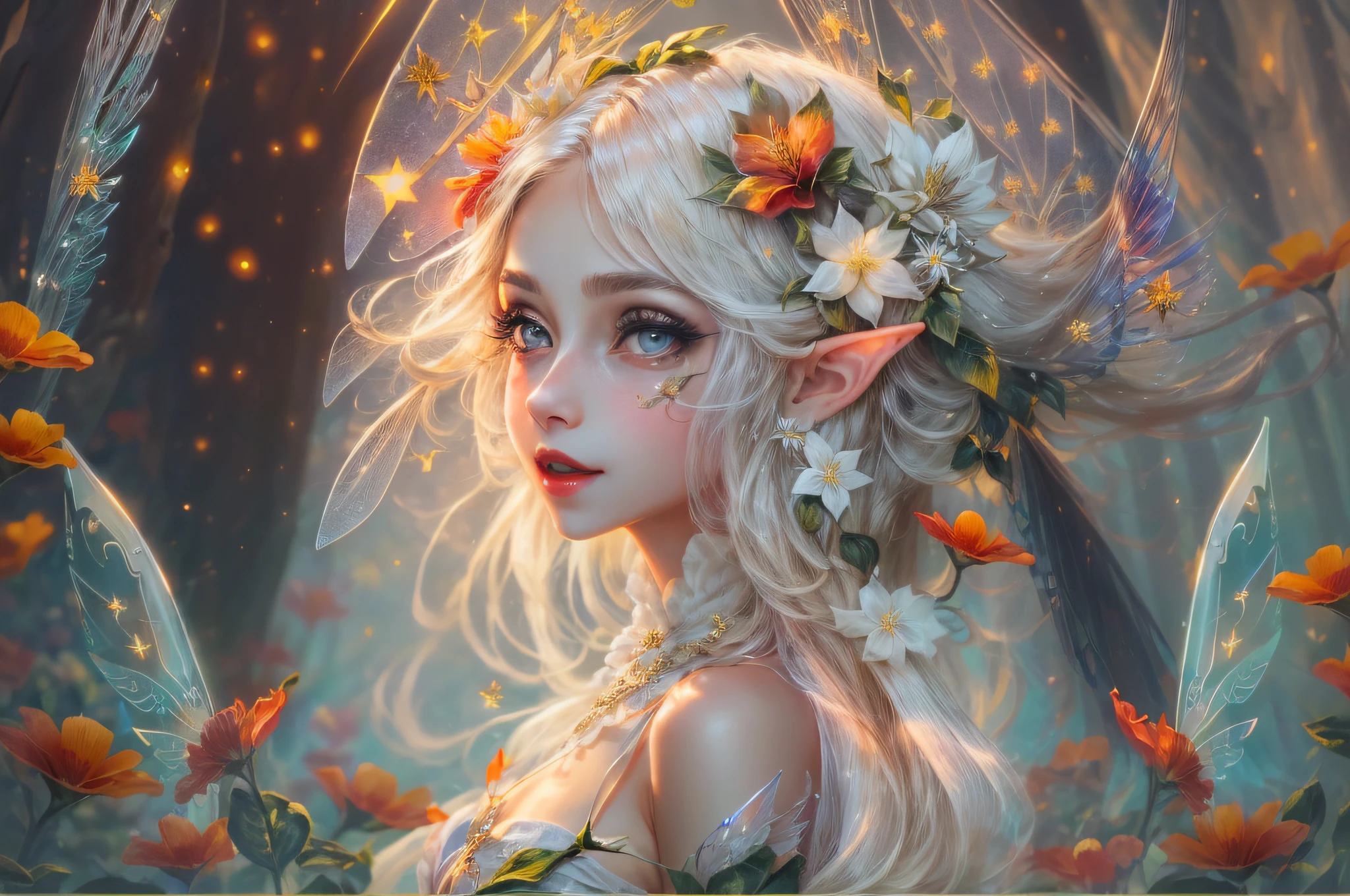 she is an arrogant flower fairy, [close up shot], ((best quality)), ((masterpiece)), ((big beautiful eyes:1.2)), 1 female, full length shot, beautiful elf face, (laughed expression:1.1), by john wilhelm, (Dynamic dance movements), (Contrapposto:1.3), (sexy seductive pose:1.1), long naked legs, BREAK she is fabulous elf with transparent (magical wings:1.5), full red lips, slim body, white skin, very thin waist, (very long disheveled hair:1.4), ((((flower hair)))), multicolored_hair, cinematic lighting, intricate details, (((background [serene sunrise moments:woods:0.7])))