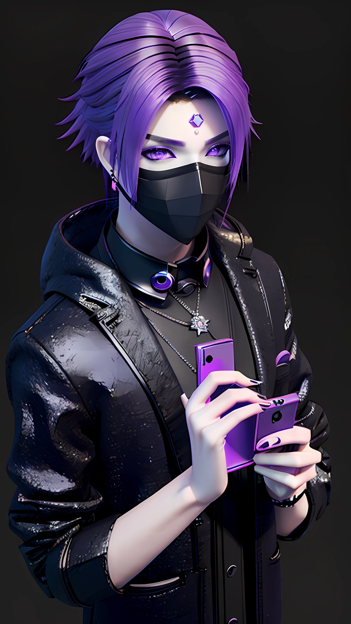 There is a man with purple hair holding a mobile phone, looking at his phone, imvu, second life avatar, Virtual Self, he is holding a smartphone, wearing all black mempo mask, inspired by Bian Shoumin, ( ( ( ( 3 d render ) ) ) ), Aesthetic!!, secondlife, distorted pose, tane skin, very aesthetic!!!!!!