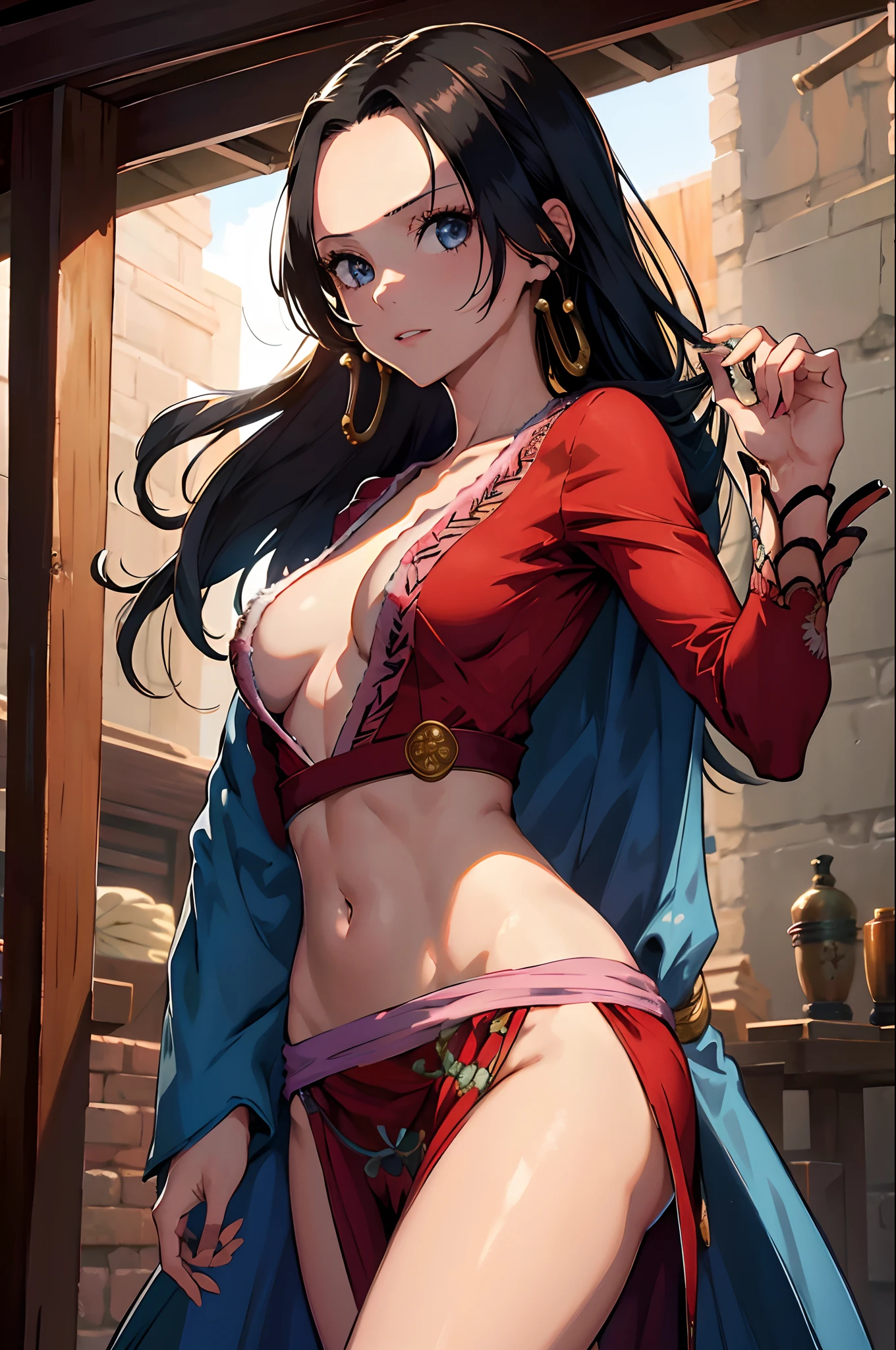 masterpiece, best quality, highres, hancock1, 1girl, boa hancock, large breasts, long hair, crop top, side slit, cowboy shot, (small breasts:1.1), Externally expanded Chest,