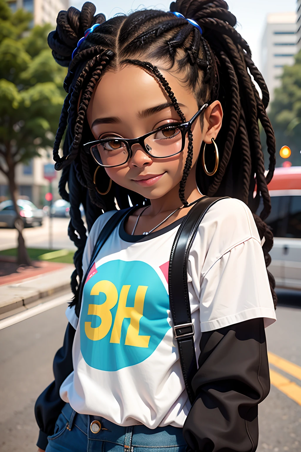 cute girl, pele negra, cabelo dread's preso, cabelo solto, modern accessories , Eyeglasses, olhos detalhados, sorriso detalhados, detalhes detalhados, Holographic, fundo claro e simples