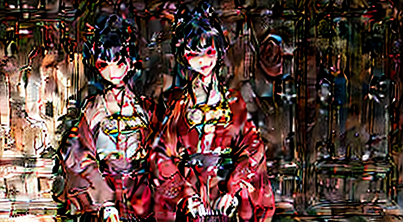 (Masterpiece), wearing biofusion armor, best quality, 1 girl, pale skin, black hair with evil smile, messy hair, red eyes, glowing eyes, creepy, creepy smile, crazy expression, blood on face, blood on clothes, walking, falling, hanging arm, loose arm, hospital, corridor, darkness, lighting, creepy, scary, flashing lights, blood, horror, dim light