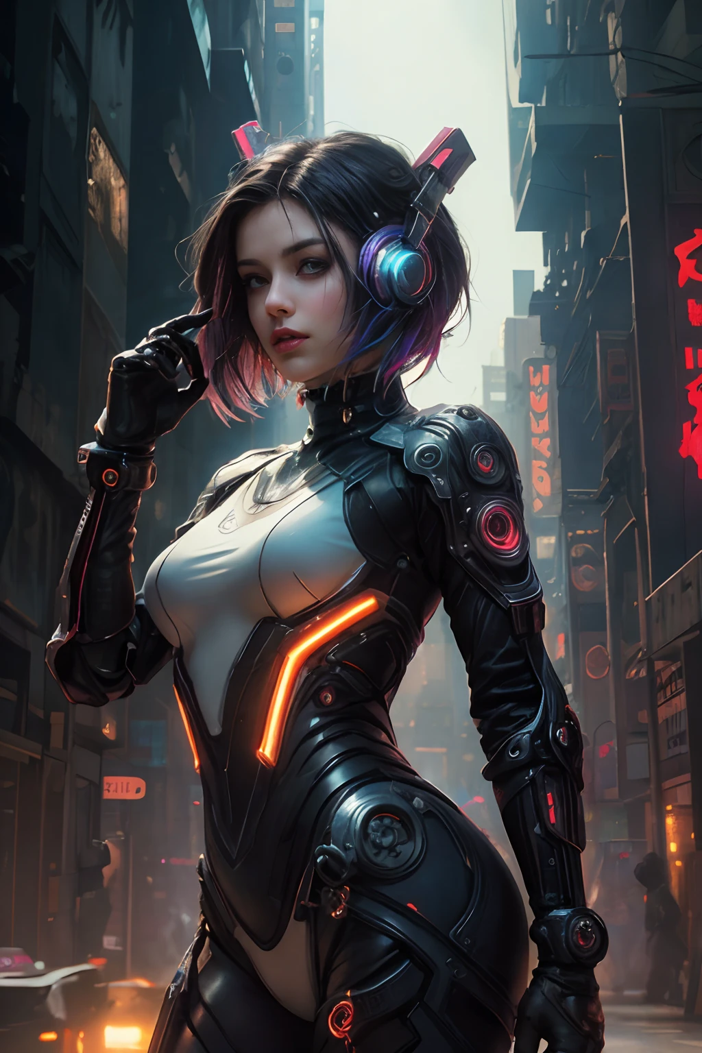 (Photorealistic:1.4) image of a cyber punk girl, (top-quality, 8K, 32K, masterpiece), (dynamic pose), ((facing camera)), (looking at camera), cowboy shot, shapeless hair, colorful hair, colorful cyberpunk clothing, depth of field f/1.8, cyberpunk city background, cinematic lighting.