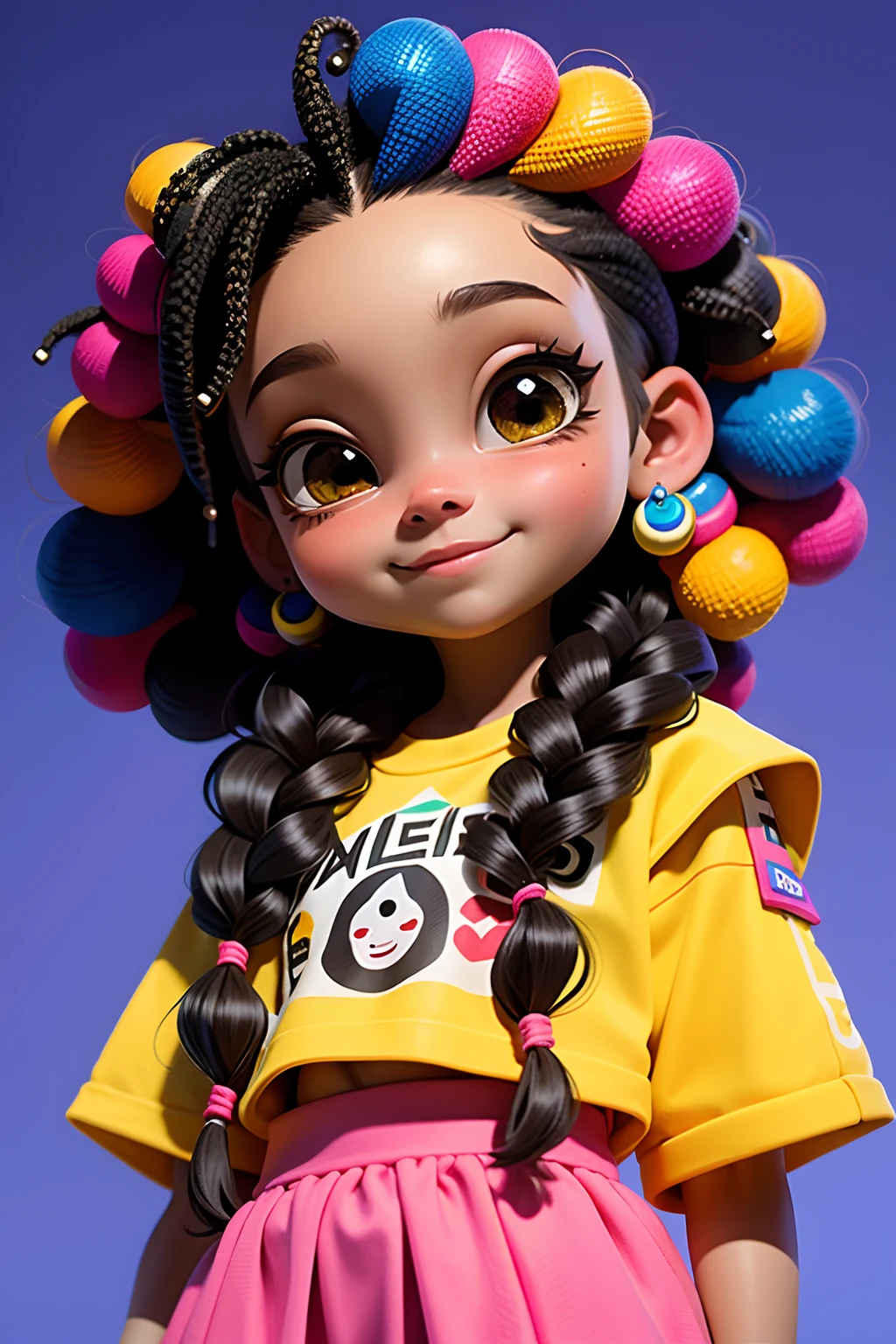 Loli menina, pele negra, cabelo dread's multicolor, cabelo preso, cabelo solto, modern accessories , olhos detalhados, sorriso detalhados, detalhes detalhados, Holographic,  fundo claro e simples