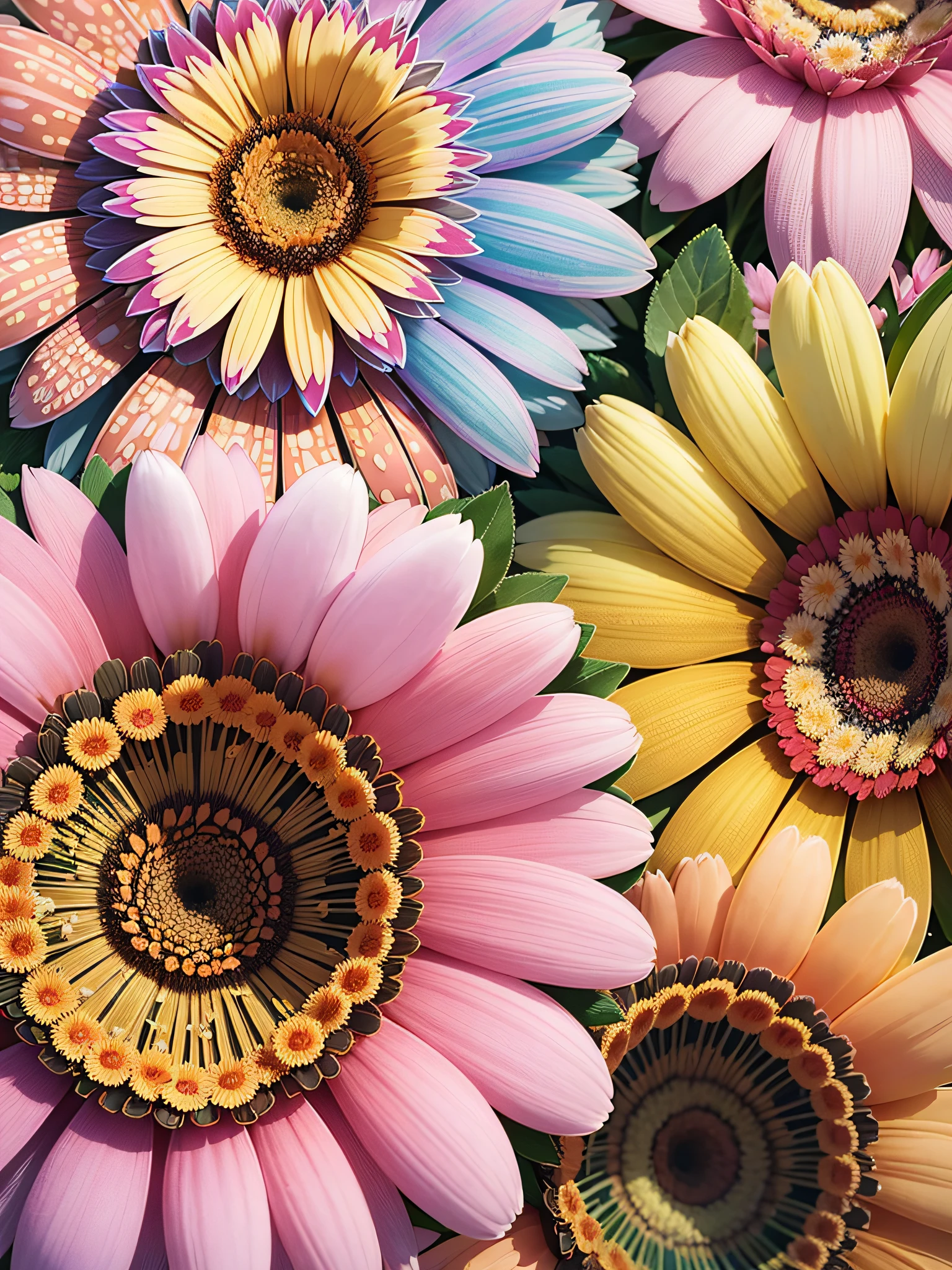 "((Multicolored + vibrant) * 1.3) kaleidoscope vision * 1.1, (Gerbera + flowers) * 1.2), realistic masterpiece of ultra-definition, unparalleled high resolution, perfection in quality. --en"