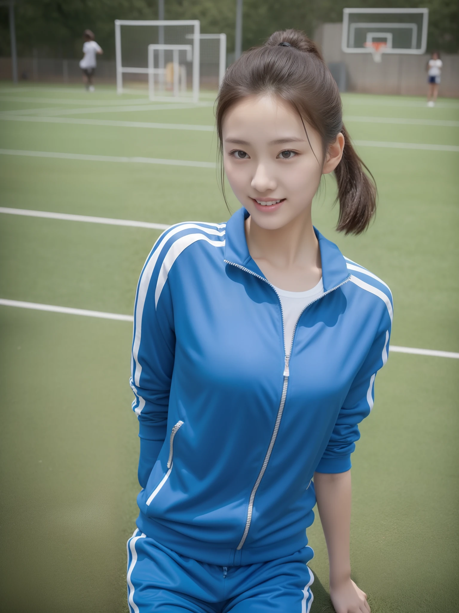 1 very beautiful female high school student，Wear blue and white tracksuits，Play volleyball on the school playground，Super high value，perfect body figure，Beautiful short ponytail，Delicate hair，Fair face and skin，There are beads of sweat hanging down，Have fun on the playground，Breasts are full and huge，Chest hyperexcion，The tracksuit on the chest is high and bulging, Tightness and bulging:1.5，Delicate fair and soft toes，detailed finger，fully body photo