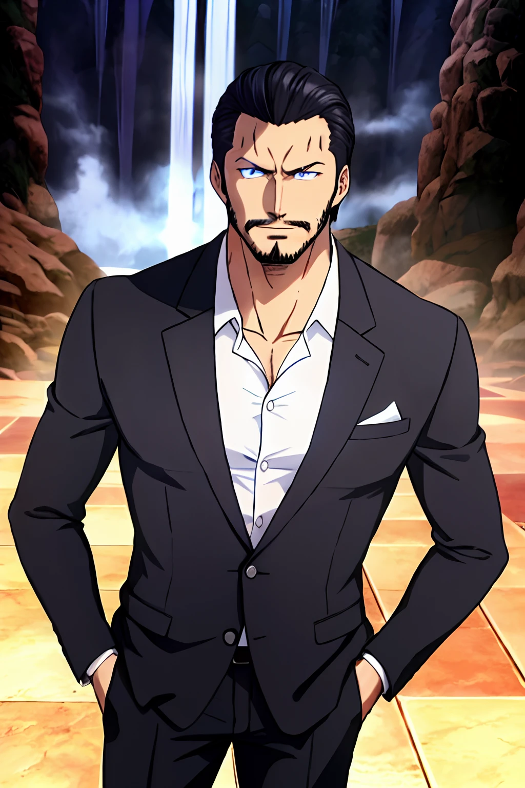 "Um retrato incrivelmente detalhado de um homem de 25 anos com longos cabelos pretos, olhos azuis e um leve cavanhaque, demonstrating strength and tranquility, com um rosto imponente. He's wearing an elegant black suit"