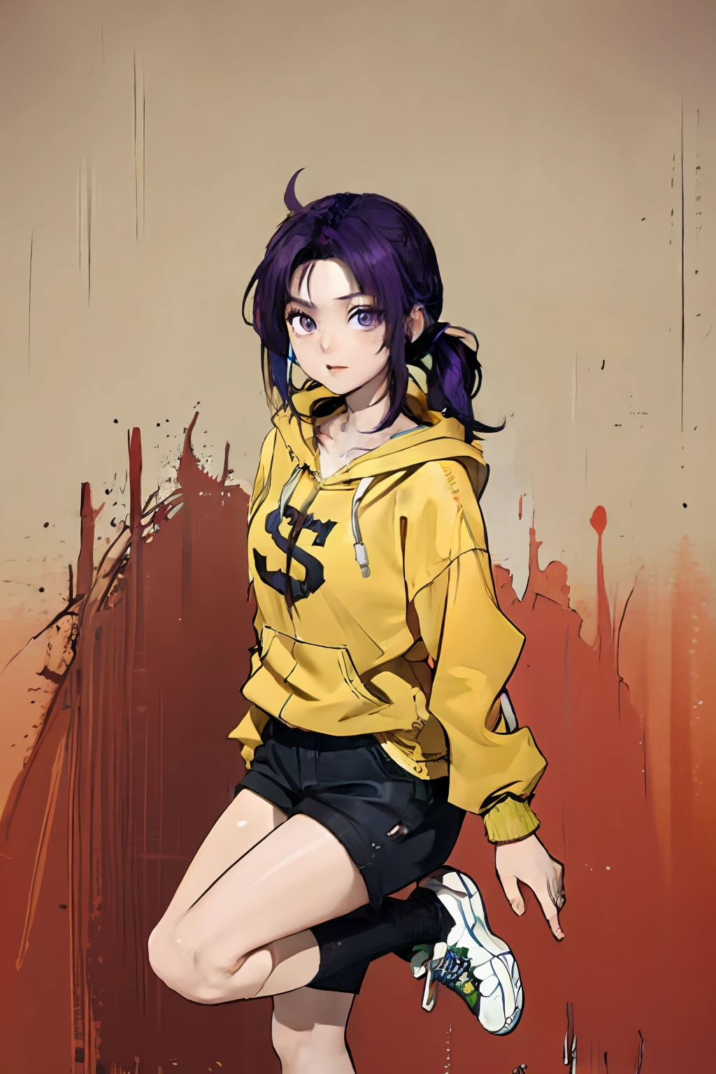 Masterpiece, Best quality, 1girll, Purple hair, pony tails, Yellow hoodie, Short shorts, loose socks, Sneakers, Cesa, view the viewer, Large breasts, Shiny skin, abstract backgrounds, Vivid colors, Paint splashes, "Rainbow" theme