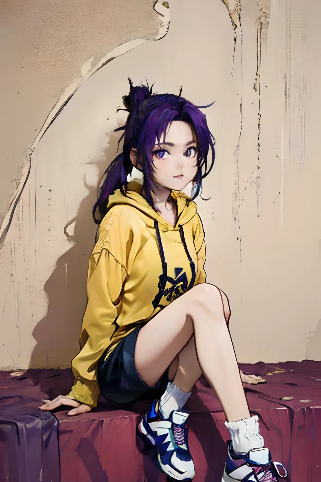 Masterpiece, Best quality, 1girll, Purple hair, pony tails, Yellow hoodie, Short shorts, loose socks, Sneakers, Cesa, view the viewer, Large breasts, Shiny skin, abstract backgrounds, Vivid colors, Paint splashes, "Rainbow" theme