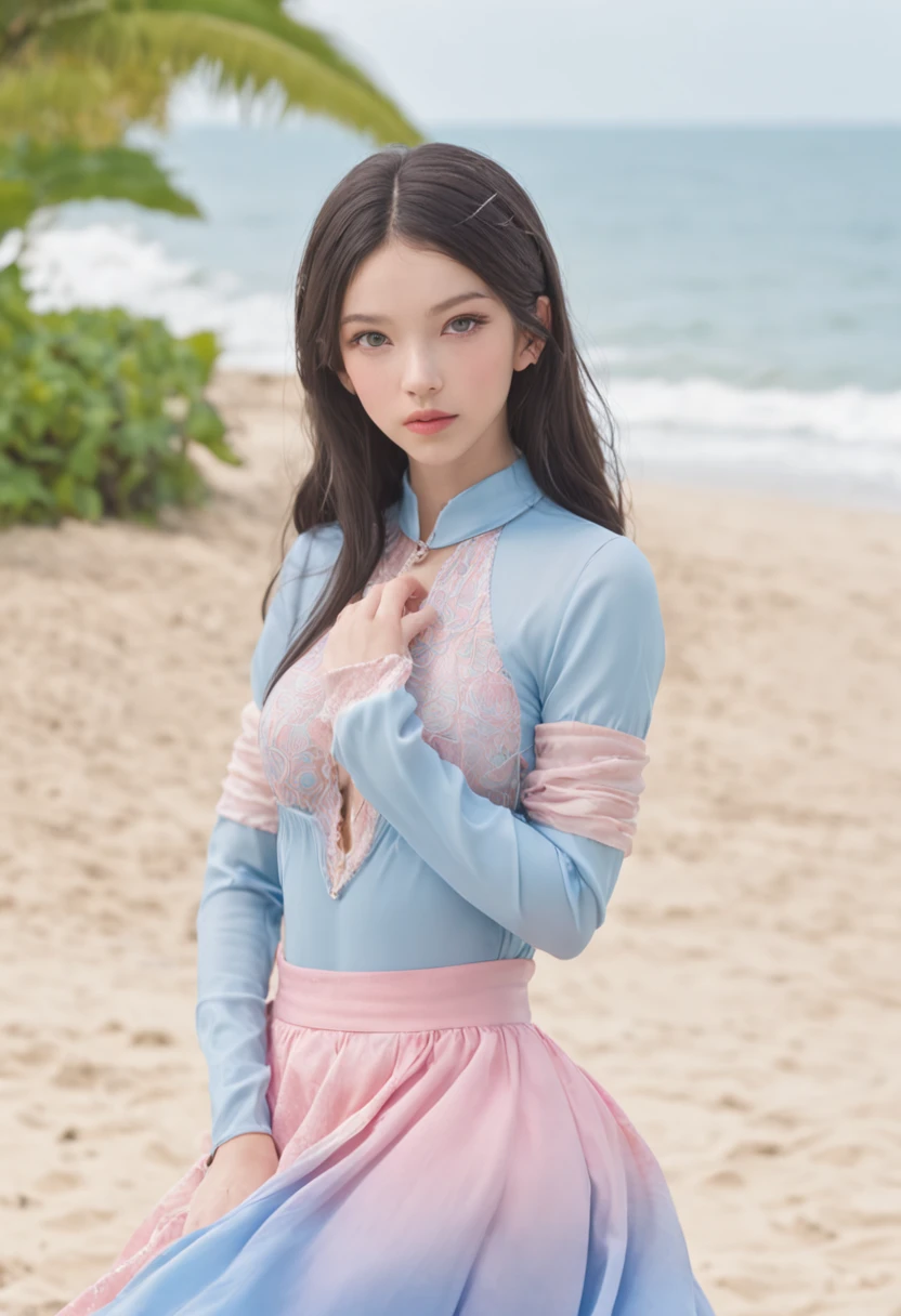 art by Cornflower, dreamy, (A beautiful, teenaged, anime-style girl with blue eyes and long, black hair, wearing a pale yellow, shiny, long-sleeved, open-chest, long skirt swimming suit with a pink, white, and yellow, heart on it is posing with her hands on her hips, in front of a beach and a bright, blue sky with clouds in it, there are palm trees in the background on both sides of the picture, and there are lots of blue and yellow fish swimming in the ocean, and there is a police helicopter with lights on it flying over the girl)