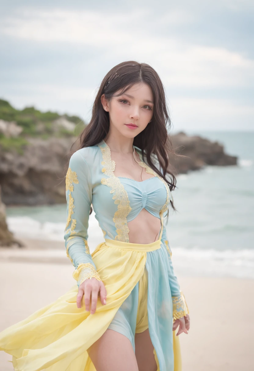 art by Cornflower, dreamy, (A beautiful, teenaged, anime-style girl with blue eyes and long, black hair, wearing a pale yellow, shiny, long-sleeved, open-chest, long skirt swimming suit with a pink, white, and yellow, heart on it is posing with her hands on her hips, in front of a beach and a bright, blue sky with clouds in it, there are palm trees in the background on both sides of the picture, and there are lots of blue and yellow fish swimming in the ocean, and there is a police helicopter with lights on it flying over the girl)