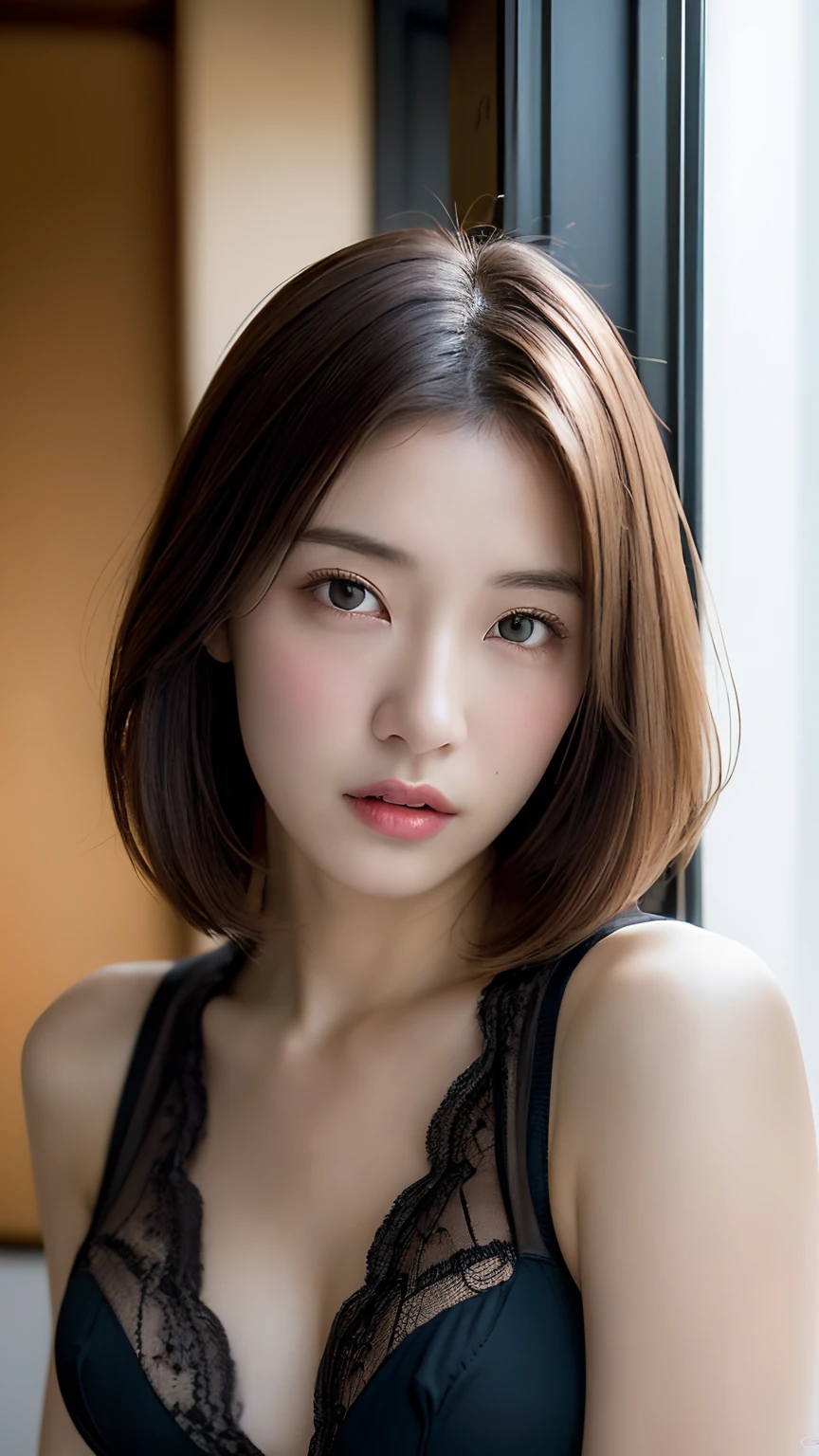 ((Realistic lighting、top-quality、8K、​masterpiece:1.3))、Clear focus:1.2、1girl in、beauty with perfect body:1.4、Slim abs:1.1、((dark brown  hair、Colossal tits:1.3))、(Wearing ultra-thin black lace underwear:1.4、Gray stockings:1.2、)、(outside of house、Daytime:1.1)、the city street、Super fine face、Narrow-eyed、二重まぶた、Put your hands on your head、lying on one's side on bed、Open your crotch、Seduce me with a sexual expression、Detailed mouth、１８Japan 、