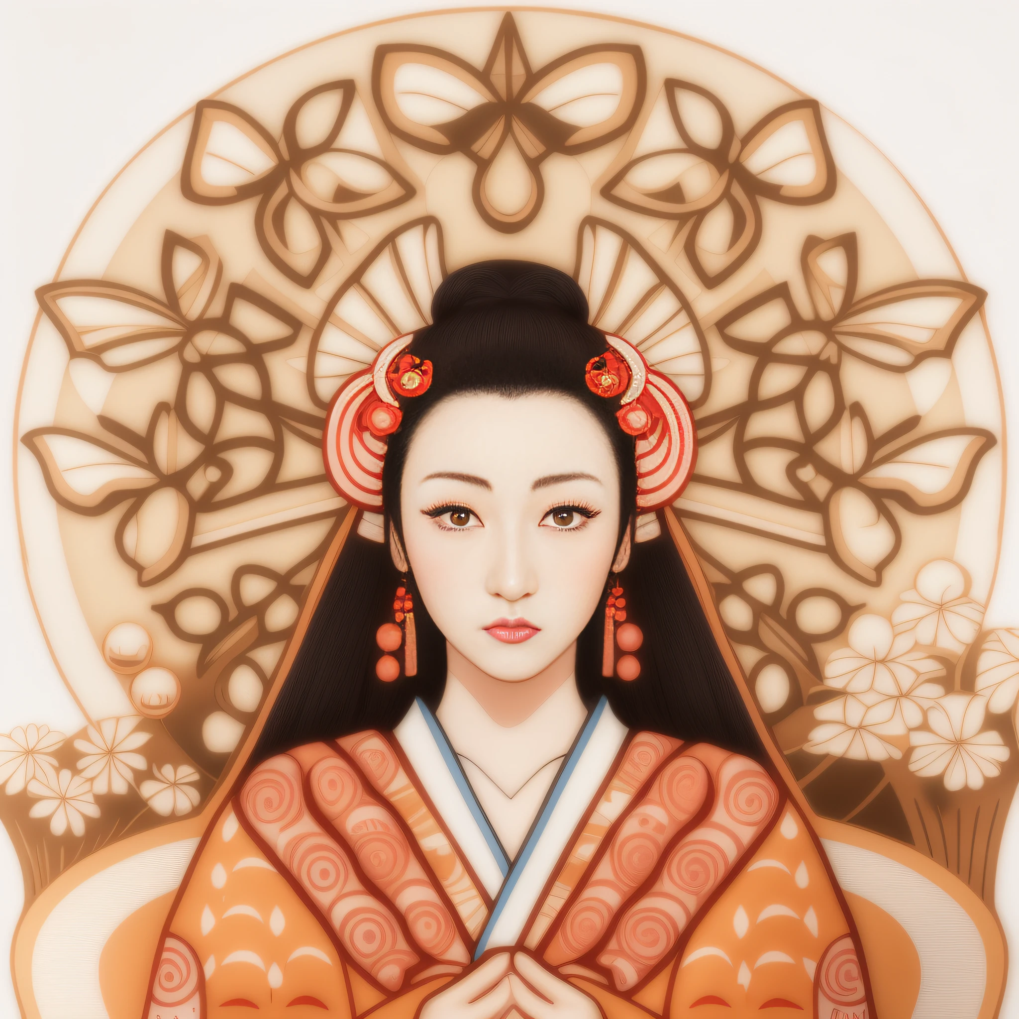 There is a woman in a kimono dress with a fan, japanese art style, Imperatriz chinesa, Deusa japonesa, Retrato da gueixa, inspirado em Utagawa Kunisada III, inspirado em Utagawa Kunisada II, Retrato de uma gueixa bonita, Anime Art Nouveau Coreano, Gueixa da beleza, Retrato de uma gueixa, Arte Japonesa, gueixa japonesa.