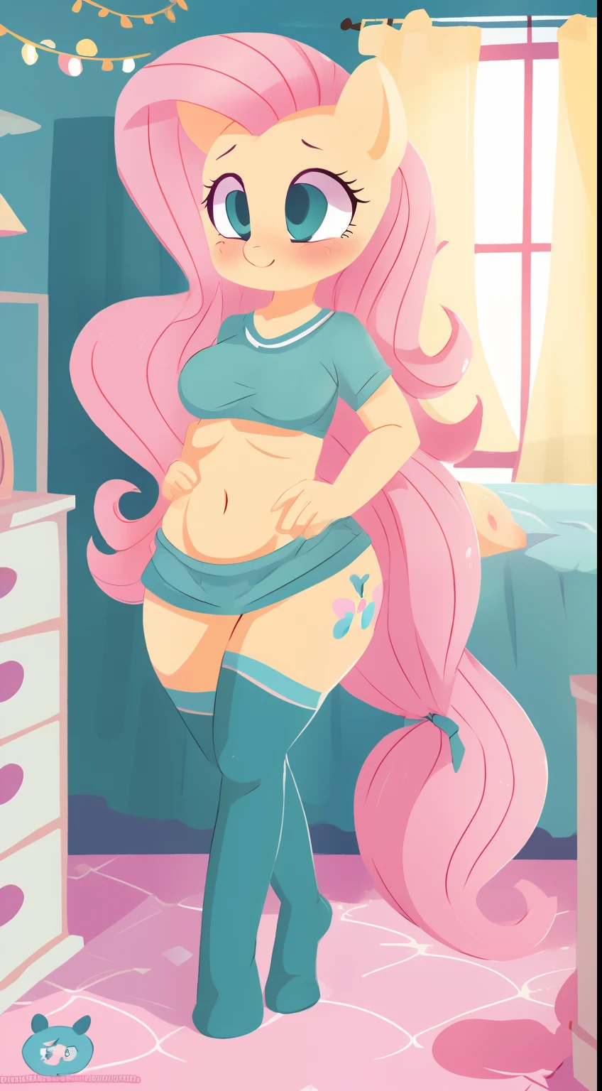 Fluttershy, anthro, cute, blushing, wide hips, shirtless, nipple, breast, hooves as feet, butt, blushing, knee high socks, gloves, teal eyes, blushing, shirt, bottomless, cute, bedroom eyes