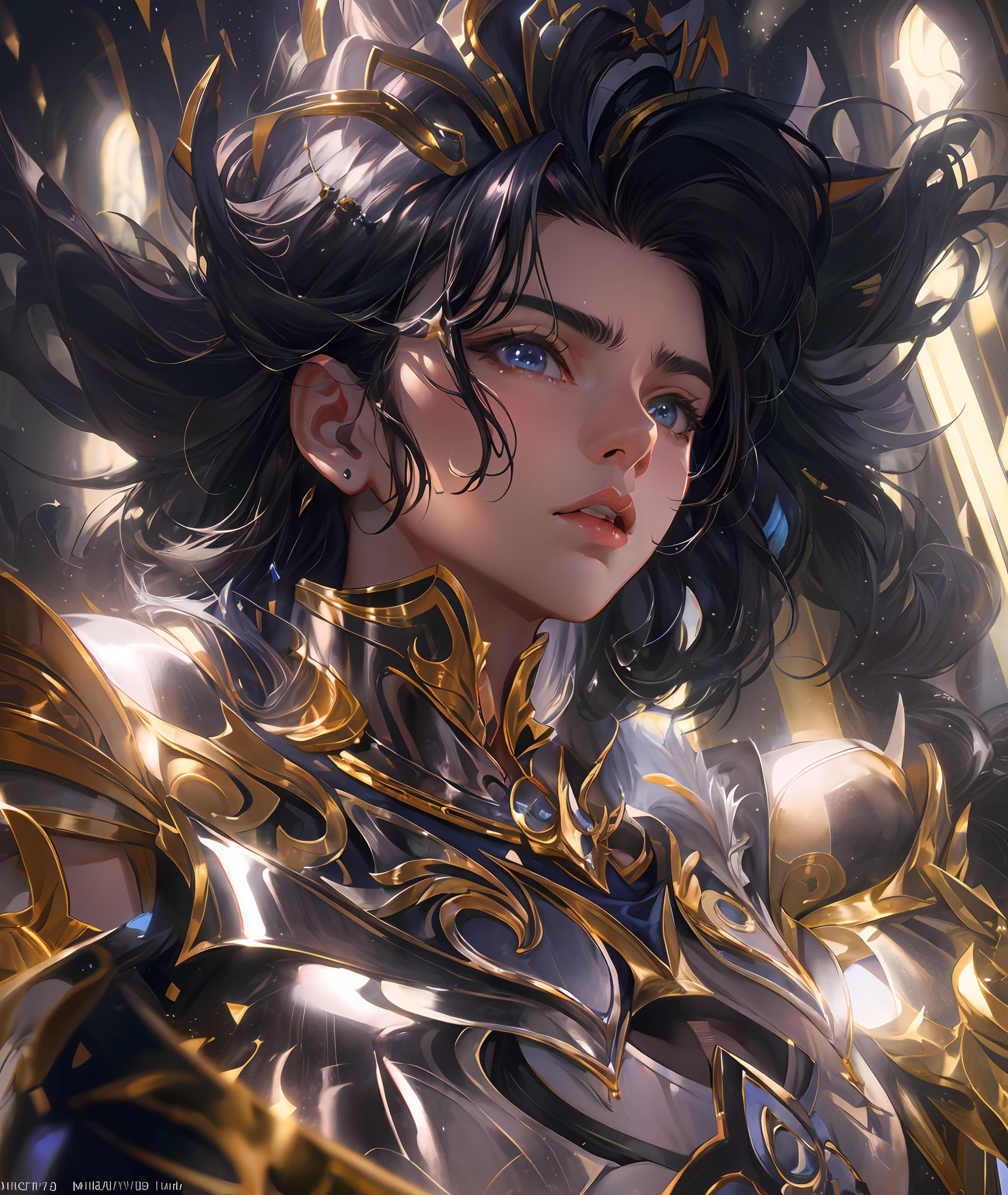 Ultra-high saturation，（tmasterpiece）， fully body photo，（best qualtiy）， （1girll）， starryskybackground，Wearing shiny gold armor， Sexy lingerie type armor，Expose your chest，Expose the waistline，Exposing thighs，cool-pose， Saint Seiya Armor， messy  hair，high detal, Anime style, Cinematic lighting, Sparkle, god light, Ray traching, filmgrain, hyper HD, textureskin, super detailing, Anatomical correct, A high resolution，Ultra-high saturation，hight contrast，High-gloss armor，Smooth skin，Serious expressions,Dark room,