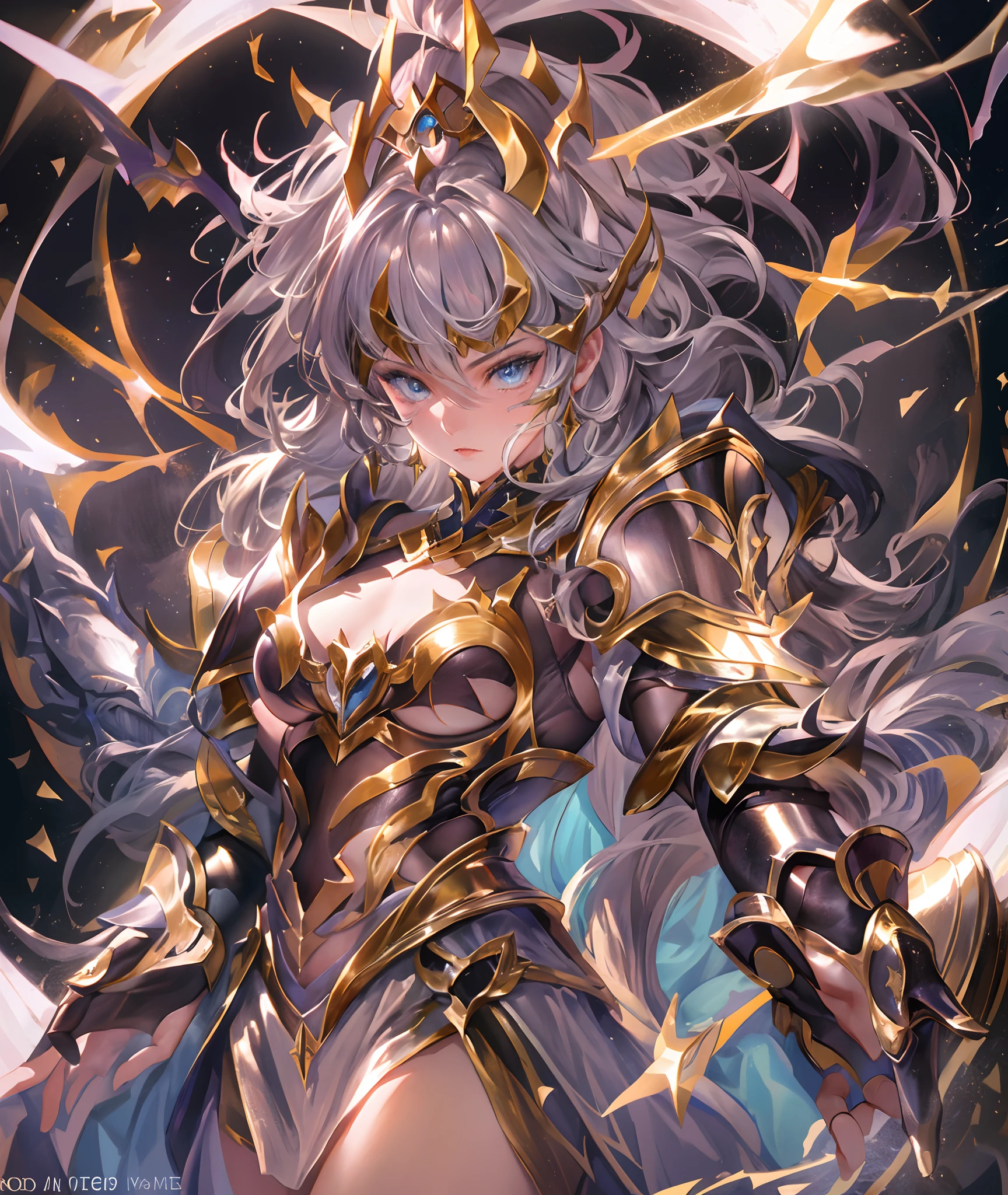 Ultra-high saturation,(tmasterpiece), fully body photo,(best qualtiy), (1girll), starryskybackground,Wearing shiny gold armor, Sexy lingerie type armor,Expose your chest,Expose the waistline,Exposing thighs,cool-pose, Saint Seiya Armor, messy hair,high detal, Anime style, Cinematic lighting, Sparkle, god light, Ray traching, filmgrain, hyper HD, textureskin, super detailing, Anatomical correct, A high resolution,Ultra-high saturation,hight contrast,High-gloss armor,Smooth skin,Serious expressions,Dark room,