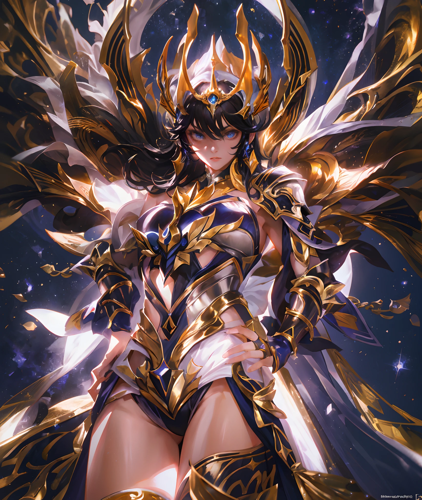 Ultra-high saturation,(tmasterpiece), fully body photo,(best qualtiy), (1girll), starryskybackground,Wearing shiny gold armor, Sexy lingerie type armor,Expose your chest,Expose the waistline,Exposing thighs,cool-pose, Saint Seiya Armor, messy hair,high detal, Anime style, Cinematic lighting, Sparkle, god light, Ray traching, filmgrain, hyper HD, textureskin, super detailing, Anatomical correct, A high resolution,Ultra-high saturation,hight contrast,High-gloss armor,Smooth skin,Serious expressions,Dark room,
