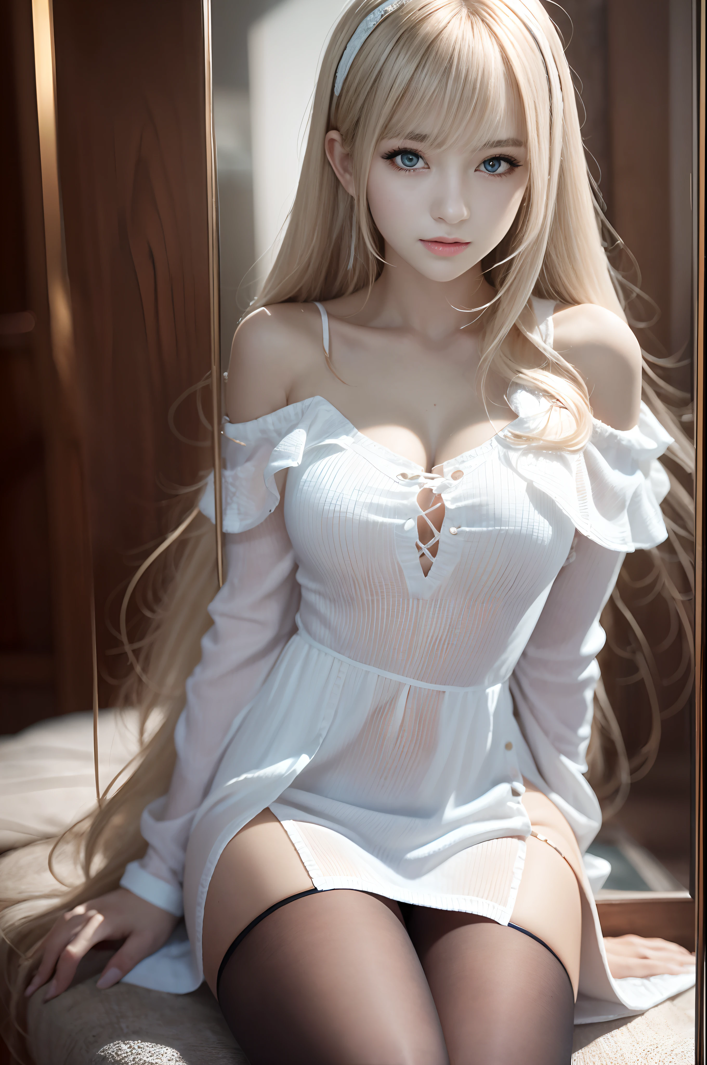 bright expression、Young shiny shiny white shiny skin、Best Looks、Blonde reflected light、Platinum blonde hair with dazzling highlights、shiny light hair,、Super long silky straight hair、Beautiful bangs that shine、Glowing crystal clear attractive big blue eyes、Very beautiful nice cute 16 year old girl、Lush bust,Beautiful detailed eyes, beautiful detailed nose,(( Full body:1.5)),Makeup that the eyes emphasize、,(Women like Joan of Arc)、Royal style，Comic style, , Sub-surface scattering, ornate detail, nature backdrop, Hyper-realistic, ((Cinematic)), Dramatic Lighting, masutepiece、((Off-the-shoulder white shirt dress:1.4))、((Fight on the battlefield))、(Loose and fluffy perm:1.4)、1 girl in、((Bob Hair:1.3))、Ultra realistic 8K CG, Picture-perfect face, flawless, clean, masutepiece, Professional artwork, famousartwork, Perfect face, Beautiful face, Beautiful eyes, ((Perfect female body)), Solo,(Immersive atmosphere, Chiaroscuro:1.5,Bright light:1.2,Luminous lighting),(blush:0.5),fascinated expression,Extremely detailed_Eyes,thick thighs,Large breasts,beautifullydetailedbackground,depth of fields,Realistic:1.3, longshot,Sitting, Full body, (ambient lights:1.3),(Cinematic composition:1.3),(Neon light:0.1),(nffsw:0.1),Accent Lighting, pantyhose,((dynamicposes))、(Fascinate boldly:1.5)