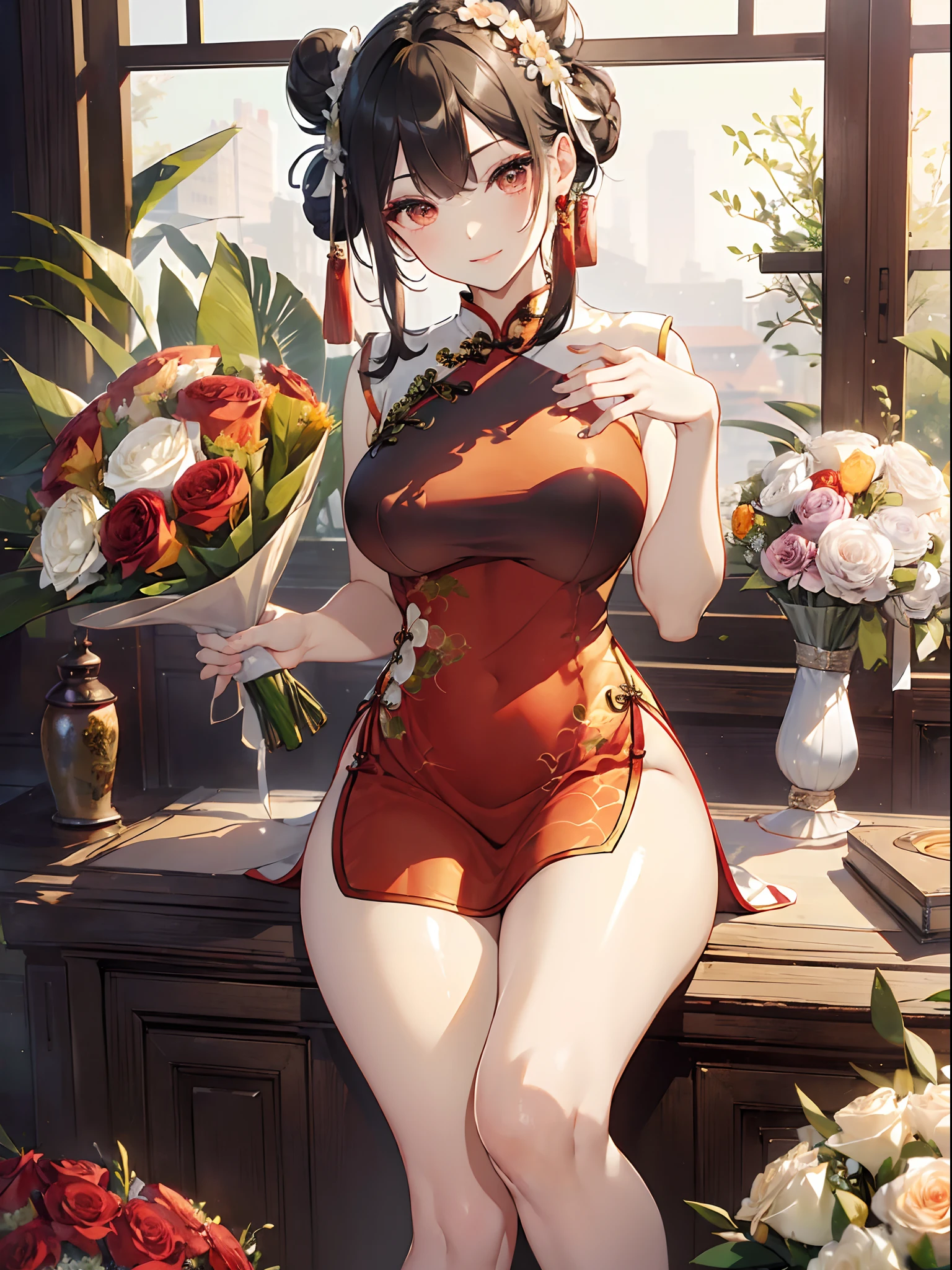 (perfect anatomy, anatomically correct, super detailed skin), 1 girl, solo, japanese, 18 years old, 7 headed body, (detailed ultra-oily shiny skin:1.1), watching the view, (smile:1.5, happiness), 
beautiful hair, beautiful face, beautiful detailed eyes, red eyes, (long hair:1.4, twin tails :1.7), black hair, (large breasts:1.2), (cute face), (Ideal ratio body proportions), 
beautiful clavicle, beautiful body, beautiful chest, beautiful thigh, beautiful legs, breast, bare foot, bare arm, slender, small buttocks, skinny legs, 
(red cheongsam, high-heels, open chest wide, valley), 
(beautiful scenery), beautiful ramen shop, walking, (put a tray on the hands),
(8k, top-quality, masterpiece​:1.2, extremely detailed), (photorealistic), beautiful art, visual art, depth of fields, cinematic lighting, surrealism, depth of fields, elaborate design,