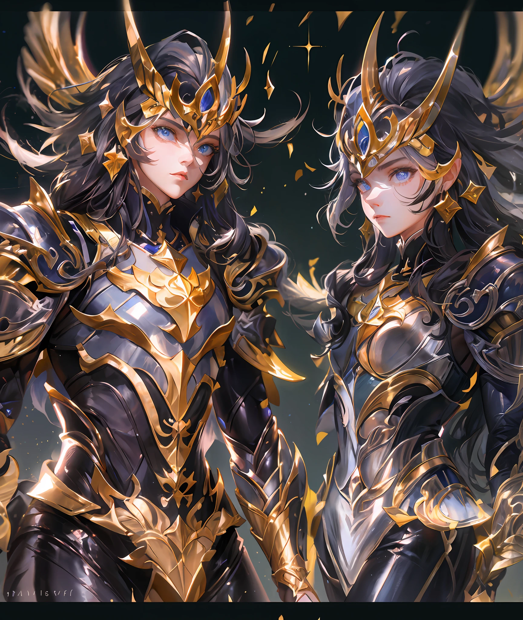 Ultra-high saturation，（tmasterpiece）， fully body photo，（best qualtiy）， （1girll）， starryskybackground，Wearing shiny gold armor， Sexy lingerie type armor，Expose your chest，Expose the waistline，Exposing thighs，cool-pose， Saint Seiya Armor， messy  hair，high detal, Anime style, Cinematic lighting, Sparkle, god light, Ray traching, filmgrain, hyper HD, textureskin, super detailing, Anatomical correct, A high resolution，Ultra-high saturation，hight contrast，High-gloss armor，Smooth skin，Serious expressions,Dark room,