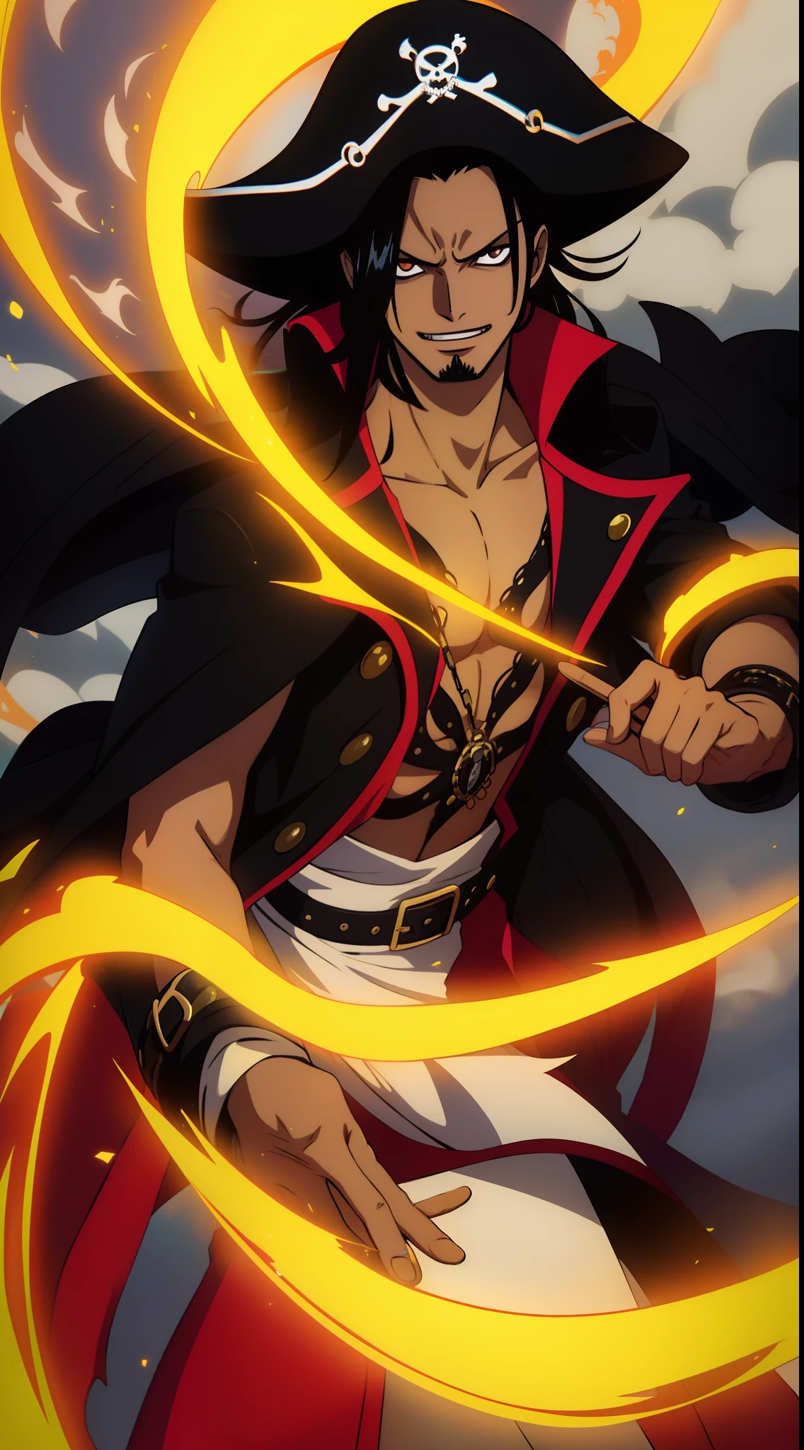 a guy with long black hair, black skinned guy with long black hair , pirate, wearing a black overcoat , smoke aura