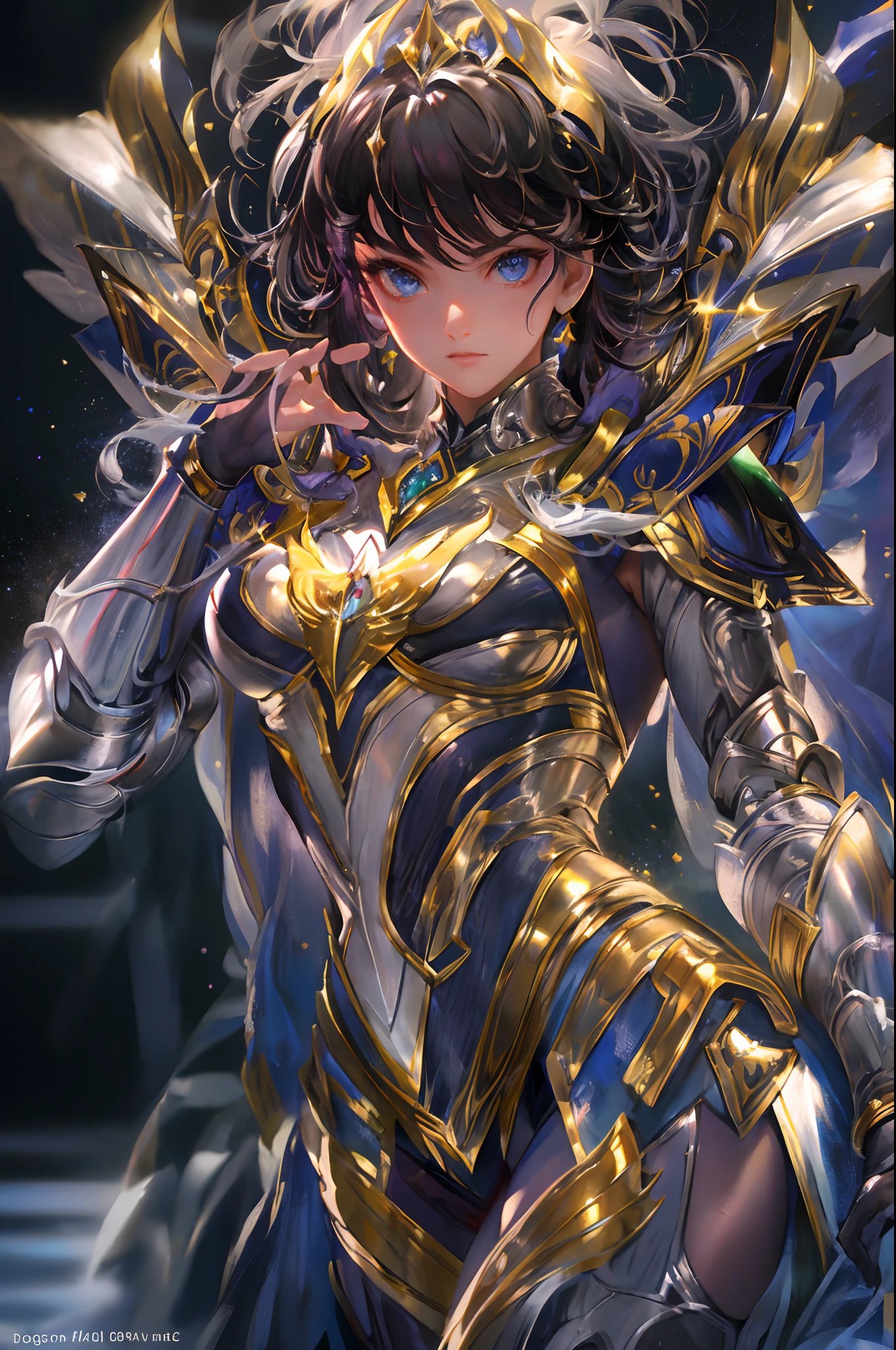 full body,Ultra-high saturation，（tmasterpiece）， fully body photo，（best qualtiy）， （1girll）， starryskybackground，Wearing shiny gold armor， Sexy lingerie type armor，Expose your chest，Expose the waistline，Exposing thighs，cool-pose， Saint Seiya Armor， messy  hair，high detal, Anime style, Cinematic lighting, Sparkle, god light, Ray traching, filmgrain, hyper HD, textureskin, super detailing, Anatomical correct, A high resolution，Ultra-high saturation，hight contrast，High-gloss armor，Smooth skin，Serious expressions,Dark room,