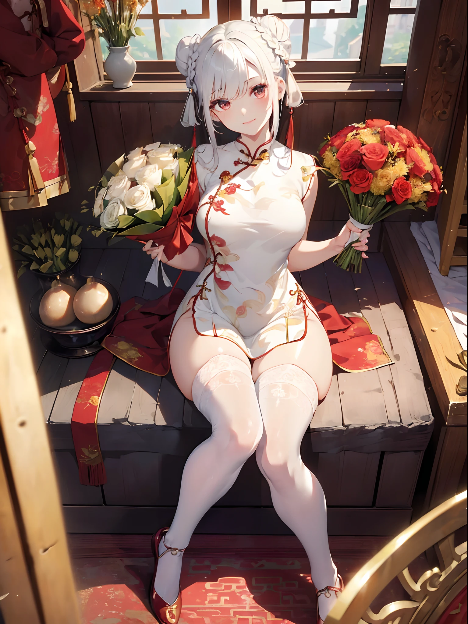 absurderes,(masterpiece、top-quality、8K ),intricate detailes,ultra-detailliert、one girls、(A slight smil:1.2)、(beautiful countenance、long lashes、Slender eyes、Hanging,Lustrous lips:1.4),((double bun hair:1.4)),((Red cheongsam、side slits:1.4)),(shiny white skin:1.3)),thighs thighs thighs thighs,Chinese Traditional Room,((Large bouquet:1.3)),、Hyper realistic,Perfect Anatomy