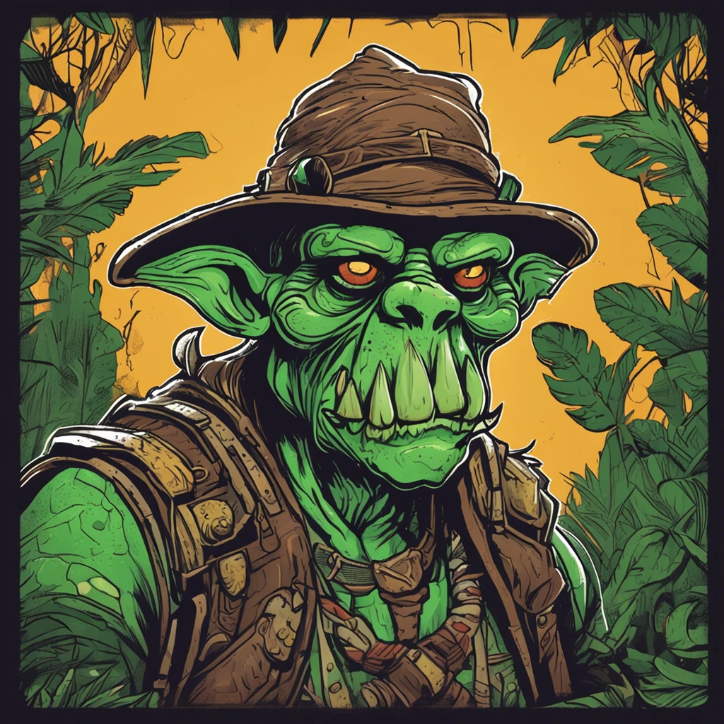 Cartoon of a man with a hat and a green face, alligator shaman, archwizzard in a hat, um pirata goblin, design de personagem monstro, Orc fundido com videiras, Estilo Rato Fink, Lagarto, Criatura da loucura, retrato verde do duende, medium portrait of a goblin, Retrato de um Duende, monstro feio, arte do lagarto, Bebia goblin fantasia