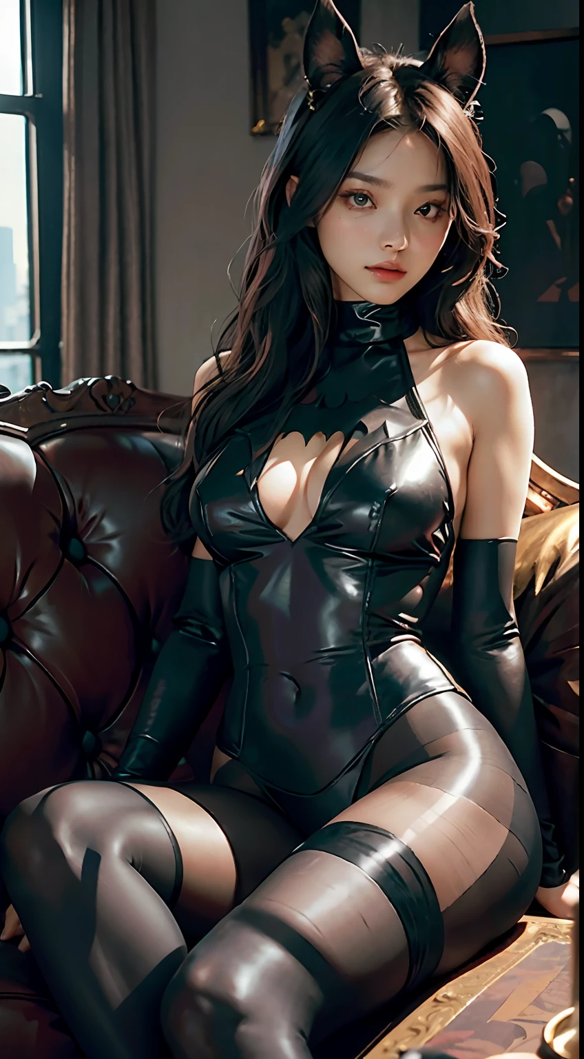 primitive，tmasterpiece，ultra fine photos，，best qualtiy，超高分辨率，Photoreality，rays of sunshine，full-body portraits，stunningly beautiful，，dynamicposes，delicated face，Vibrant eyes，（seen from the side），She was wearing black pantyhose，turtleneck top，cropped shoulders，Batman ears，Sit on a leather sofa，very highly detailed background，detailed face with，Detailed and complex busy background，Untidy，opulent，milkyW，Highly detailed skin，Realistic details of skin，Visible Pore，tack sharp focus，volume fog，8K  UHD，digital SLR camera，high qulity，filmgrain，White skin of the，photo-realism，DL，Huge metropolis in a dystopia of the future , look from down, semi transparent