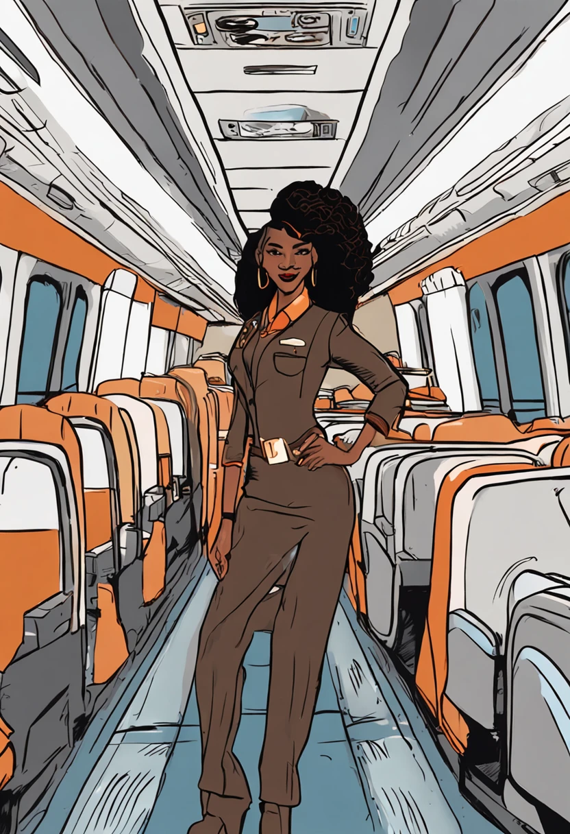 uma mulher negra bonita,Cacheados preto, olhos castanho claro, pele bronzeada, Wearing a flight attendant costume, on a plane, corpo inteiroesbian